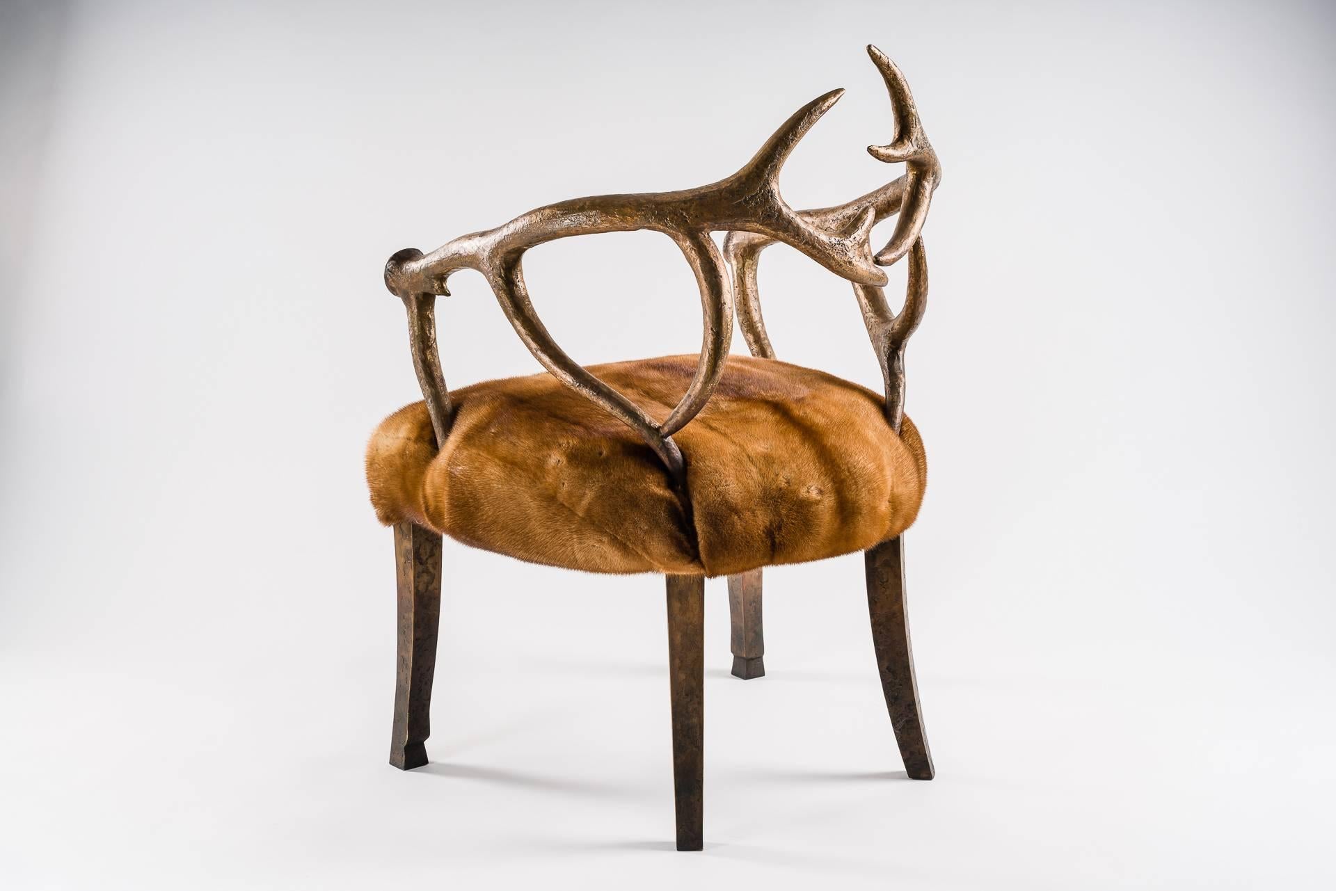 Hand-Crafted Deer Bronze and Fur Armchair Golden Mink Upholstery For Sale