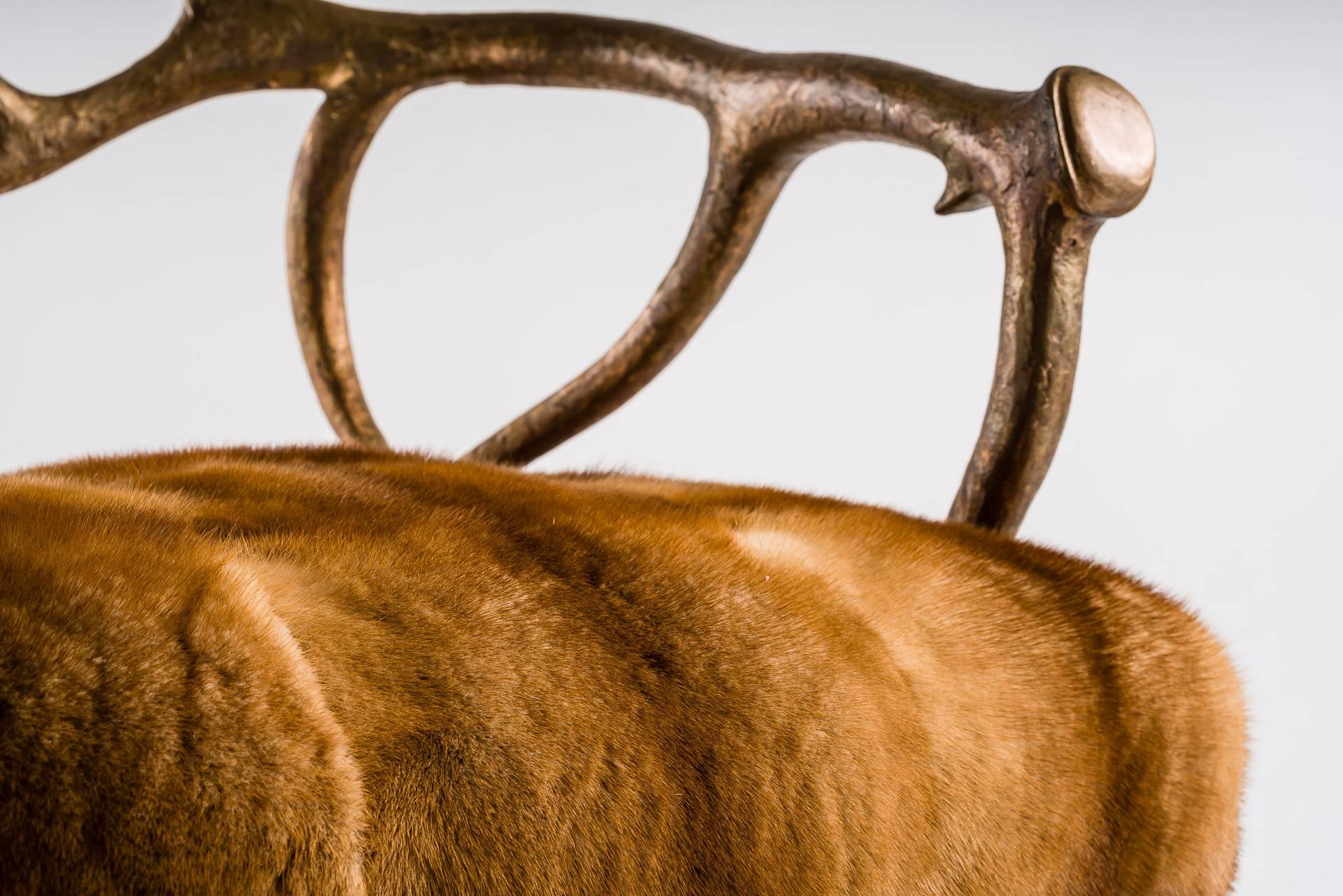Deer Bronze and Fur Armchair Golden Mink Upholstery In Excellent Condition For Sale In Rosheim, FR