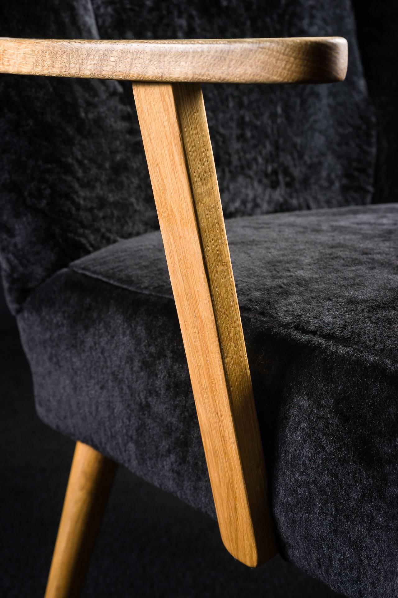 French Alpina Armchair with Black Shearling Upholstery For Sale