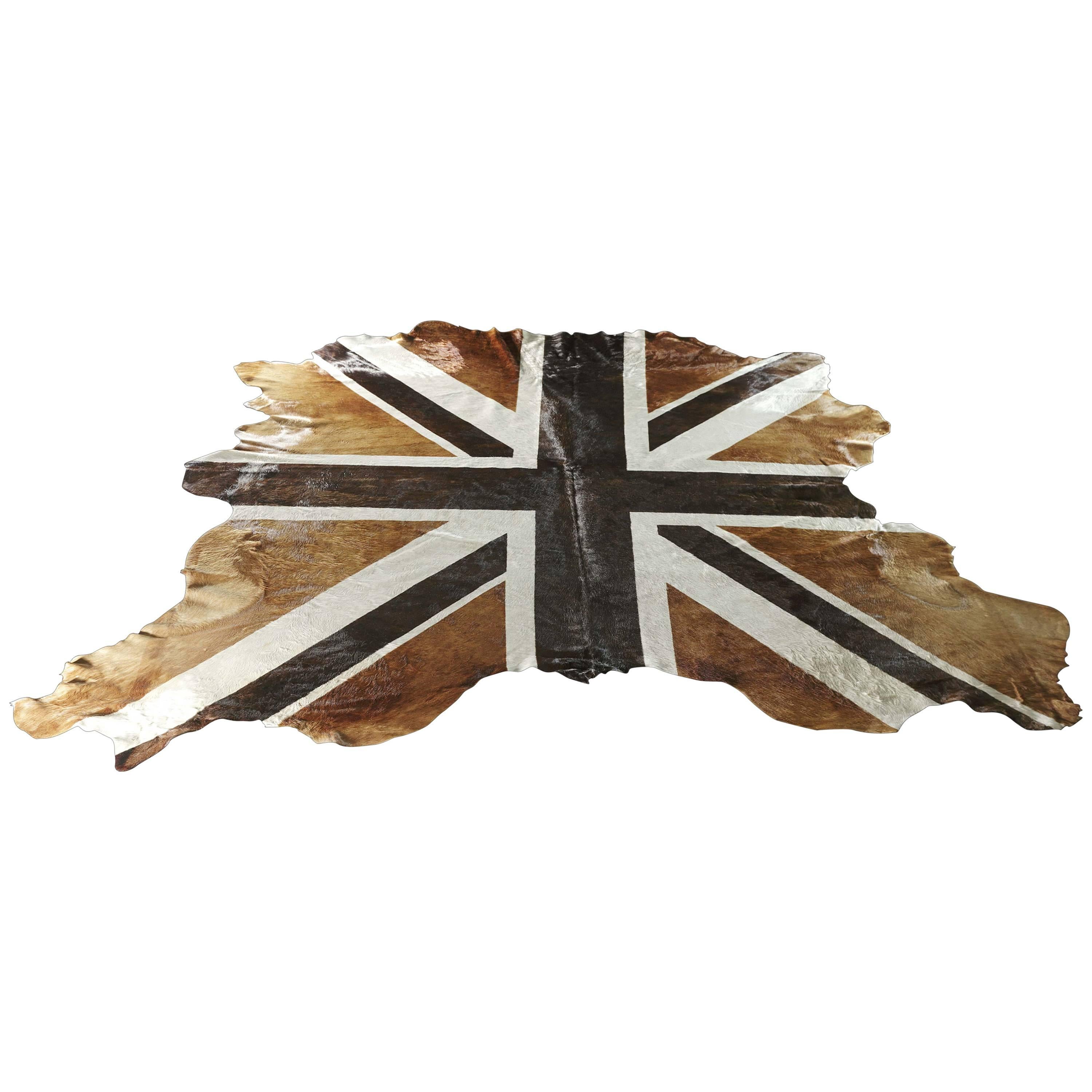 Union-Jag Flag Printed Cowhide, Chocolate and Caramel For Sale
