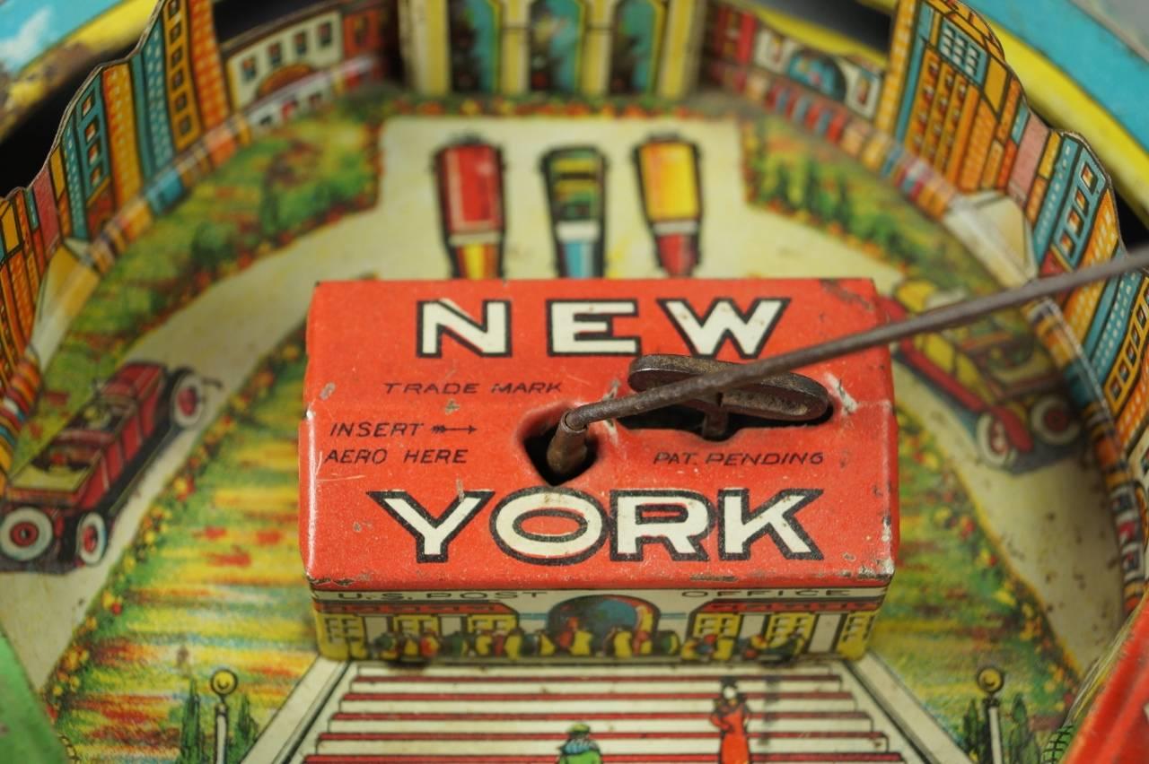 Art Deco Louis Marx Wind Up Toy Tin Plane, Train, New York Skyline, 1928 1