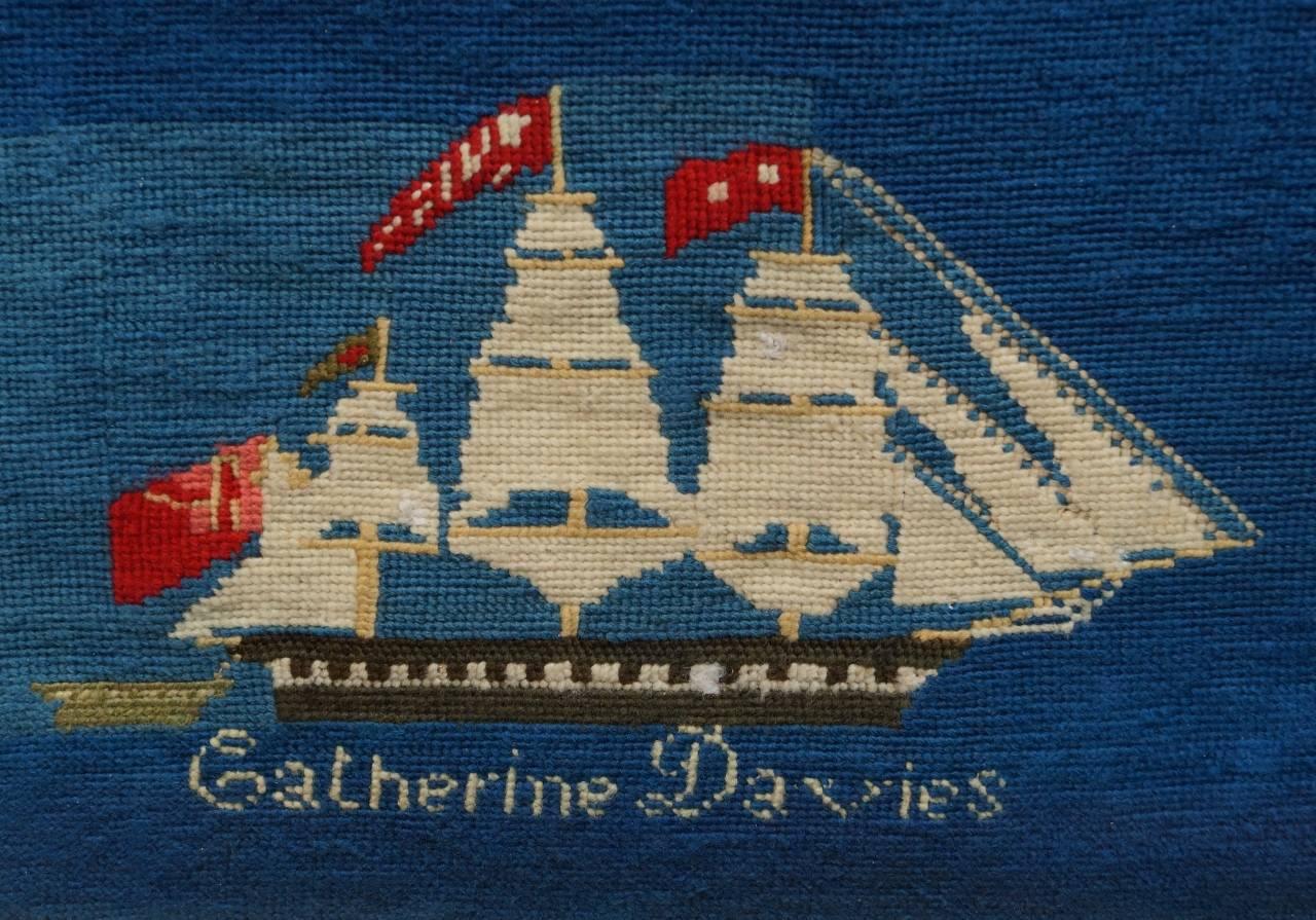 Folk Art Important 19th Century Sailors Woolie Woolwork Needlework Sailing Ship Mimosa