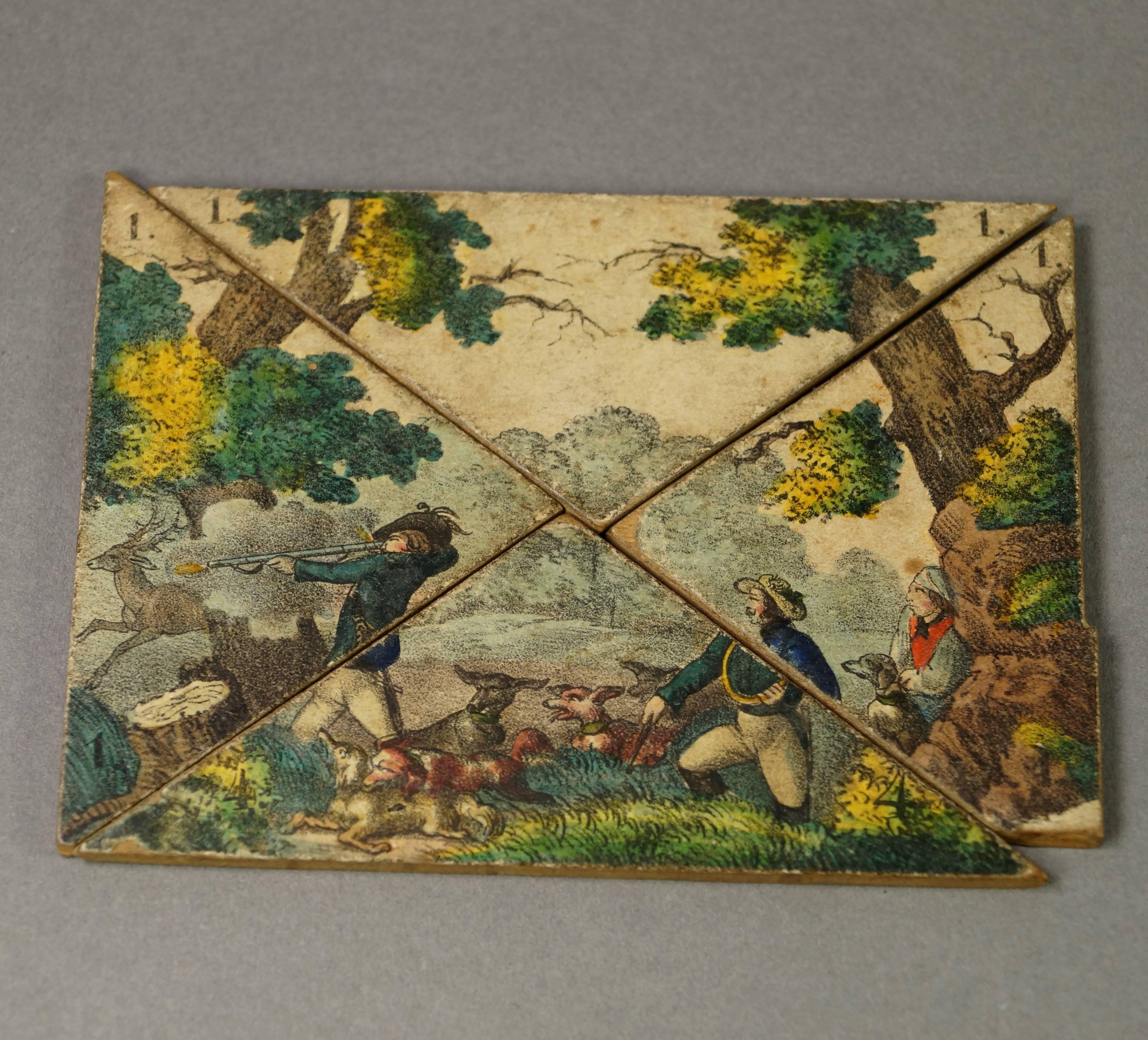 This is a rare, part set of wooden lithograph board game tiles. This part set were produced in France and date to the first half of the 19th century, circa 1840. Each tile features a hand colored lithograph scene which is dissected into four
