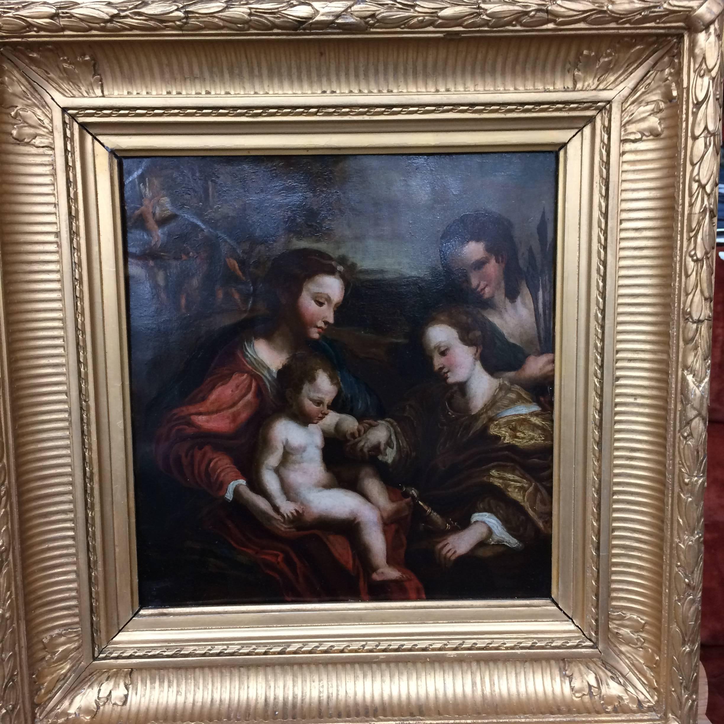 Oil on copper, holy family, 17th century, after Correggio. Measures: 31 x 30 cm.