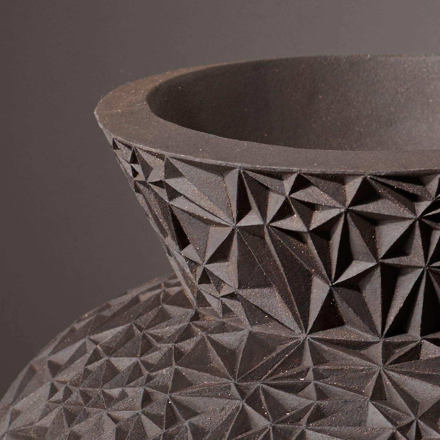 Modern Carved Black Stoneware Ceramic Vase Mater Dolorosa by Leah Jensen For Sale