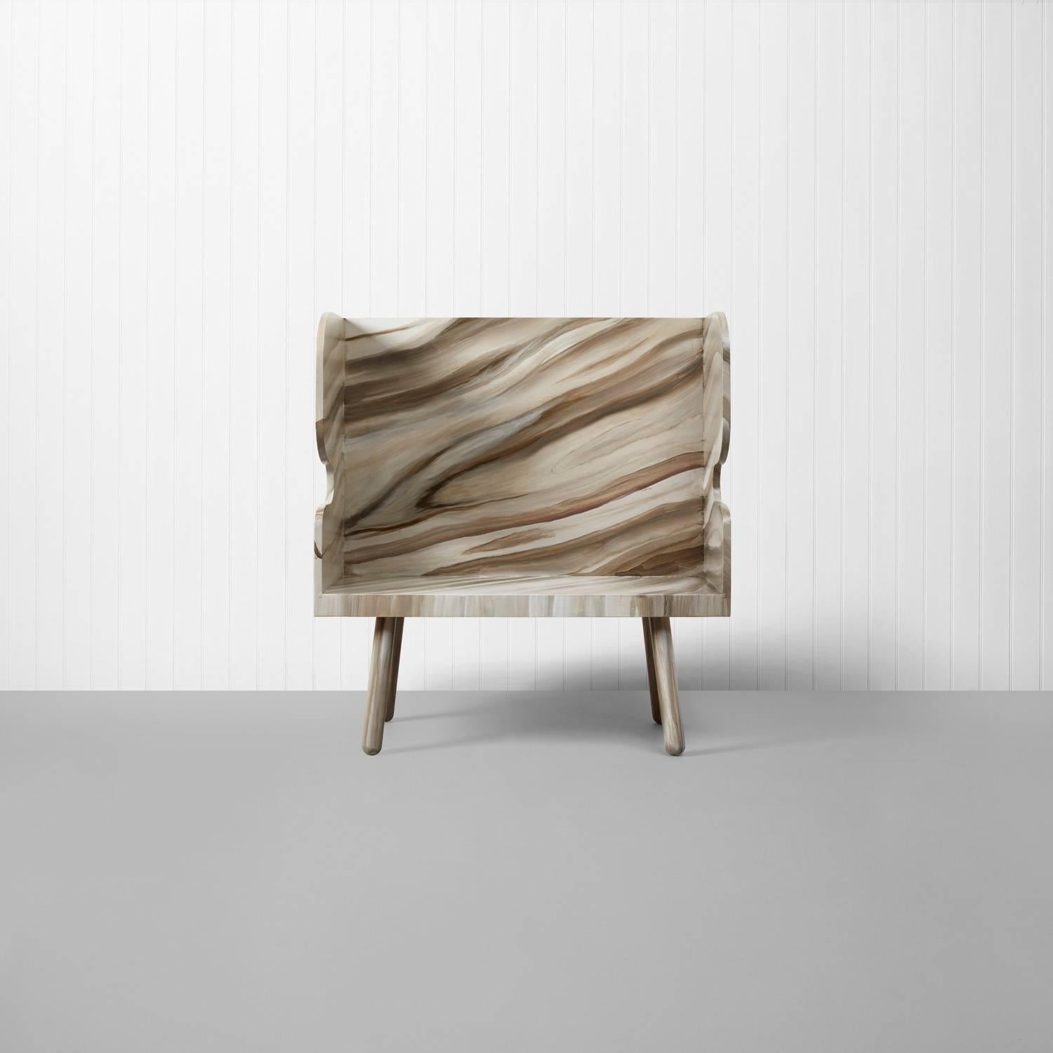 Hand lacquered PLANK settle bench in Tulipwood by Sue Skeen for The New Craftsmen, painted by historic paint and lacquer specialist Pedro da Costa Felguieras. Utilising his specialist skills, Pedro has created a one-off art piece depicting a giant