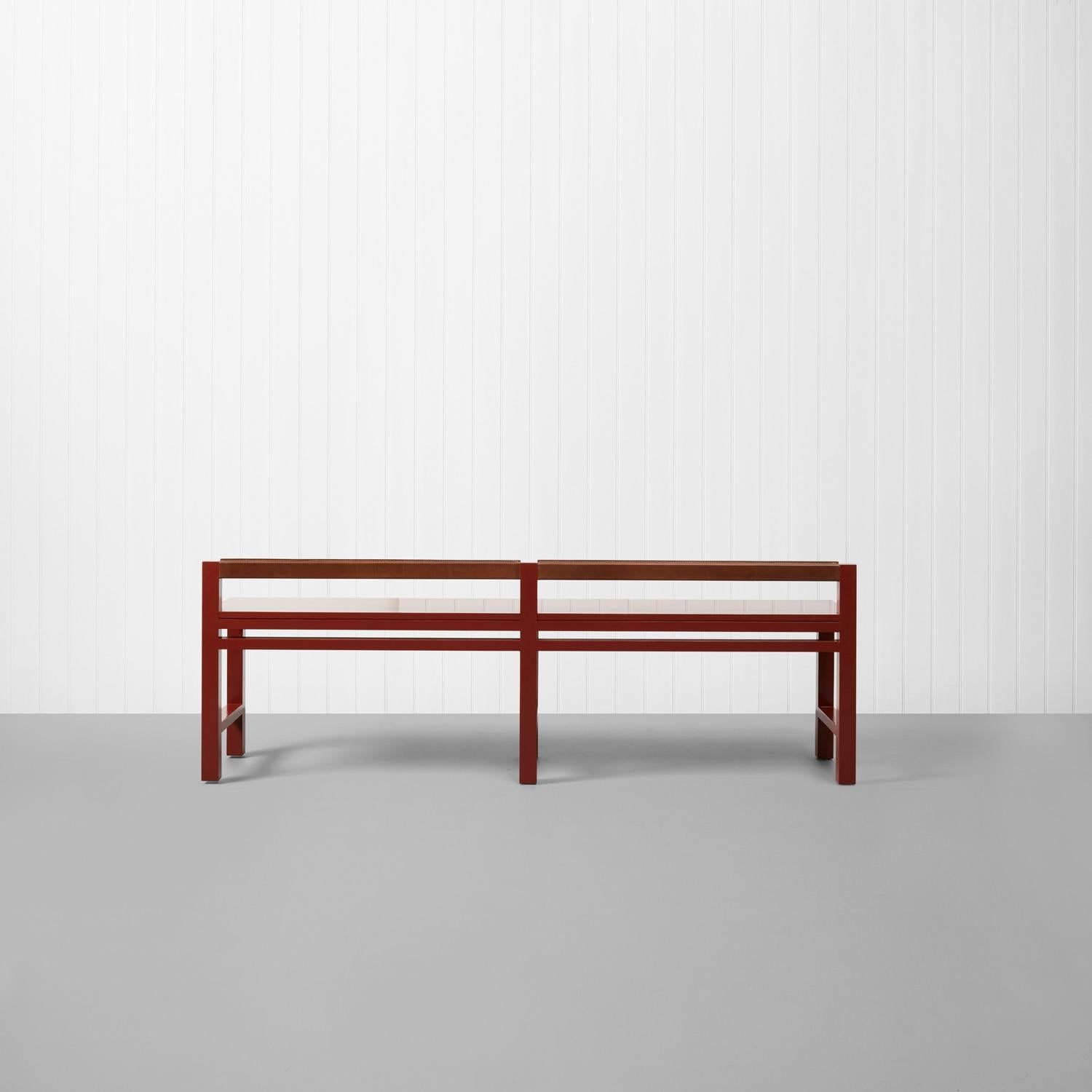 Modern Red Stumpy Bench in Douglas Fir and Leather by Sue Skeen for the New Craftsmen For Sale