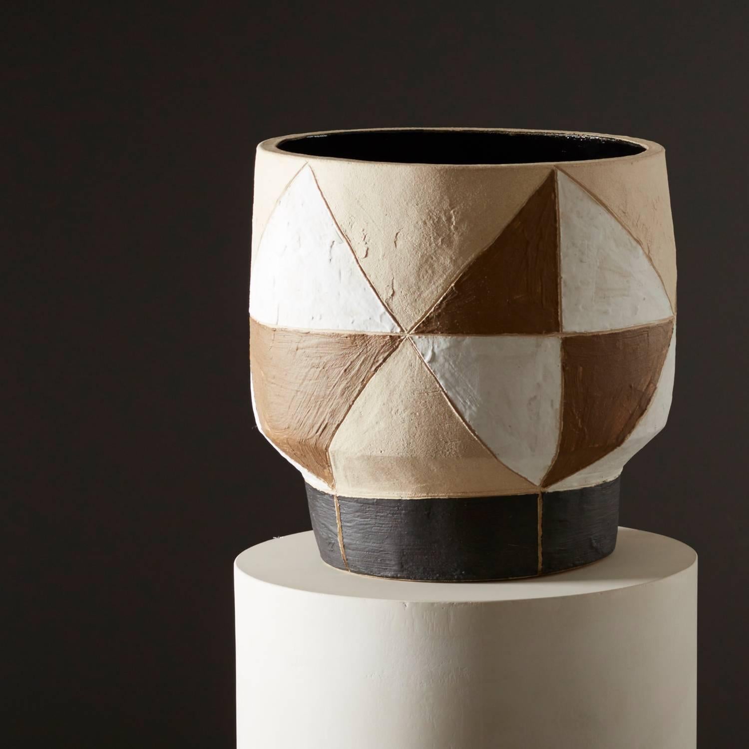 Modern Large Handmade White Yellow Brown Ceramic Stoneware Pot Vase by Daniel Reynolds For Sale