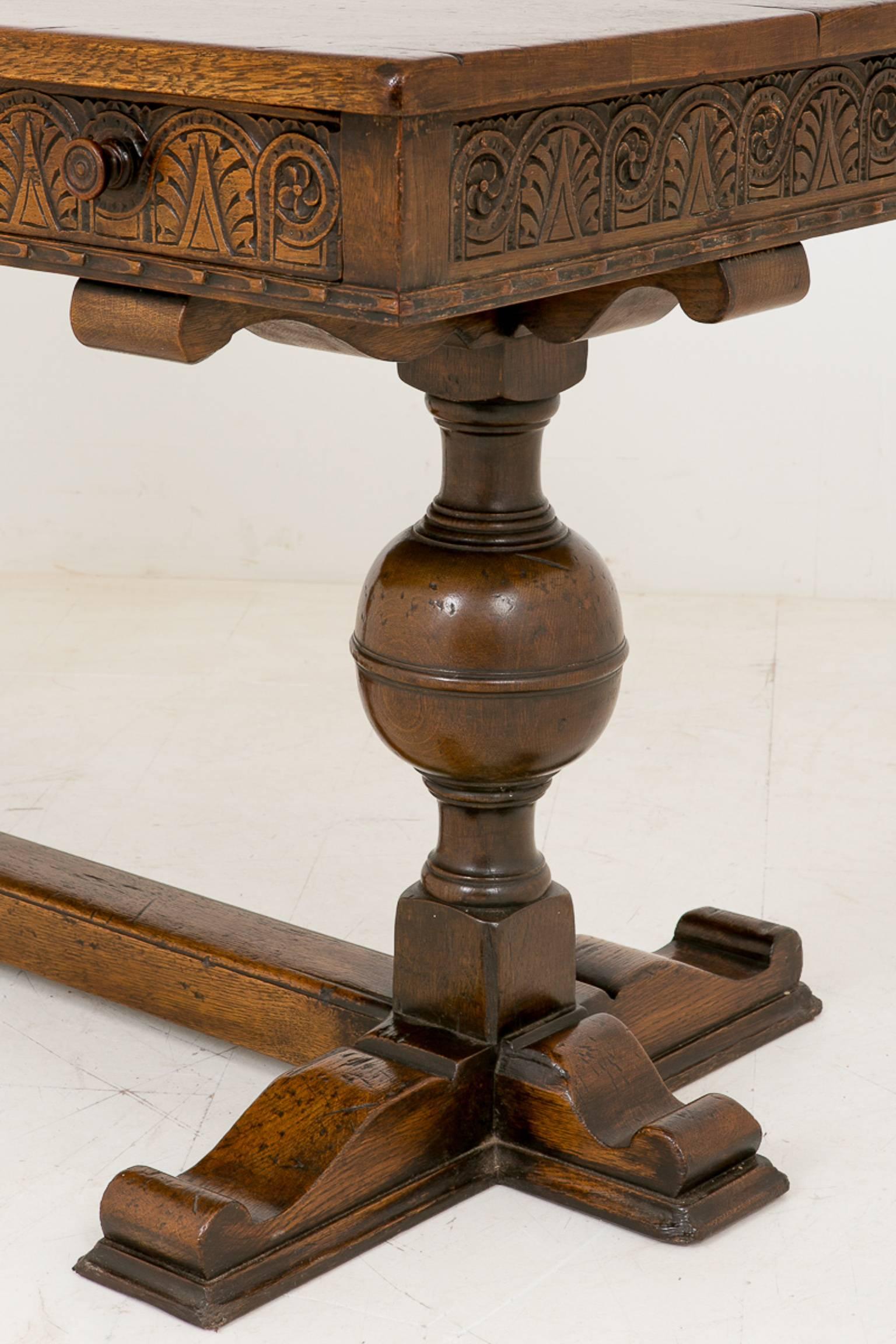 British Jacobean Style Carved Oak Two-Drawer Side Table For Sale