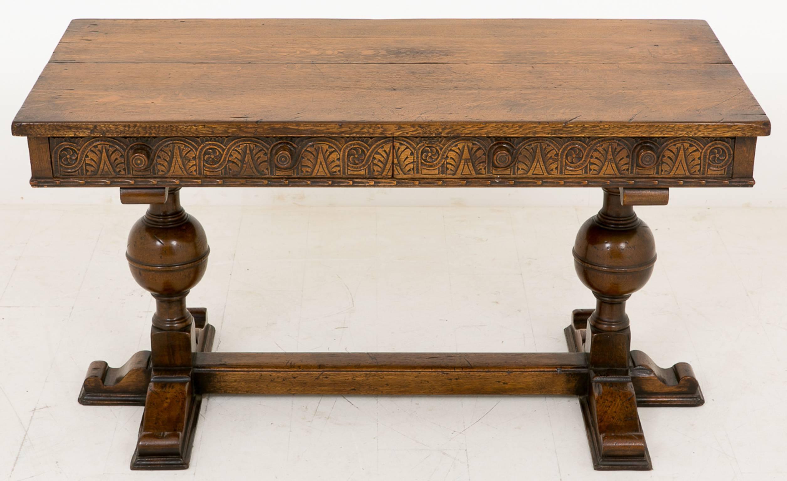 Jacobean Style Carved Oak Two-Drawer Side Table In Good Condition For Sale In Norwich, Norfolk