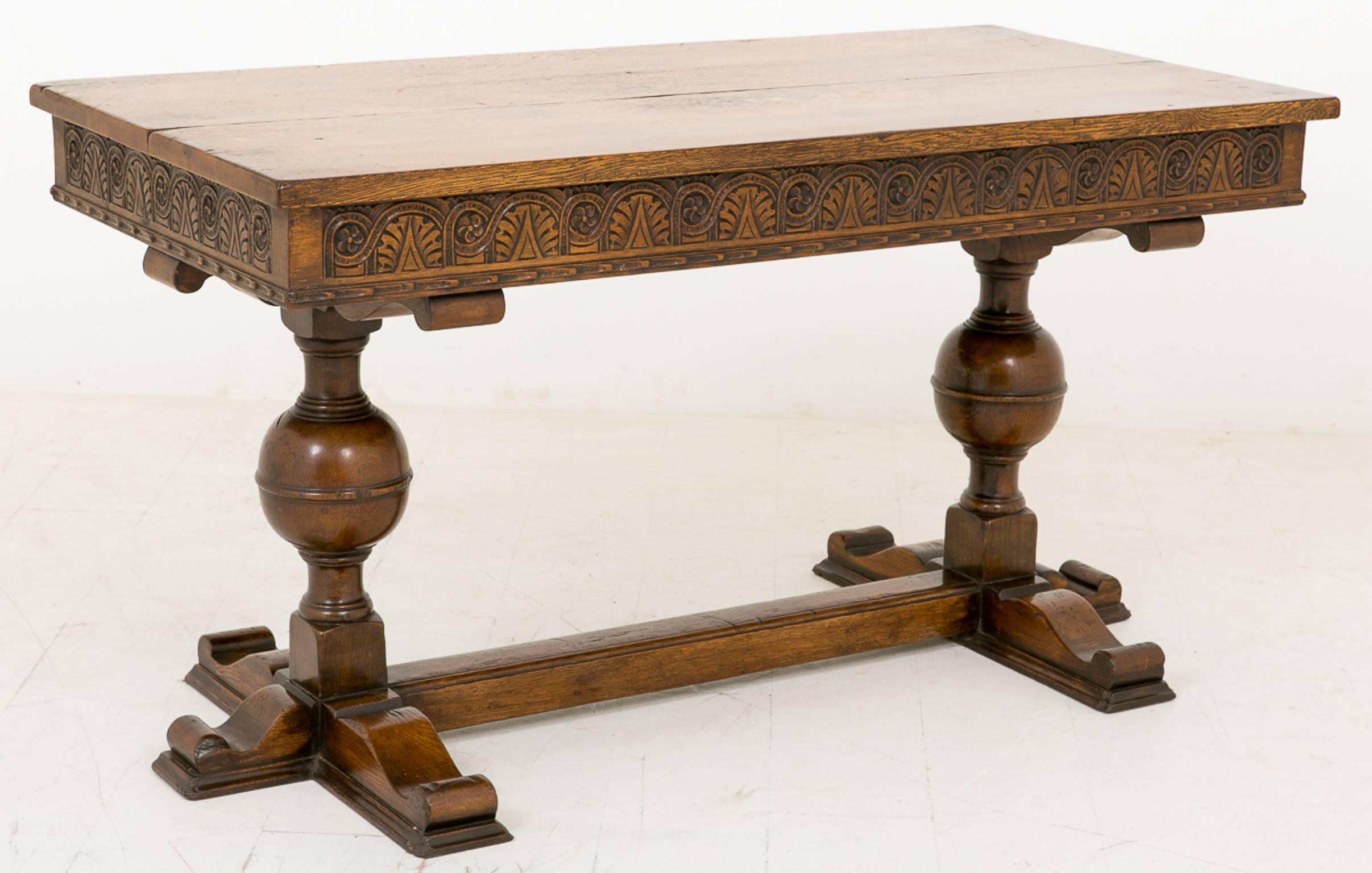 Early 20th Century Jacobean Style Carved Oak Two-Drawer Side Table For Sale