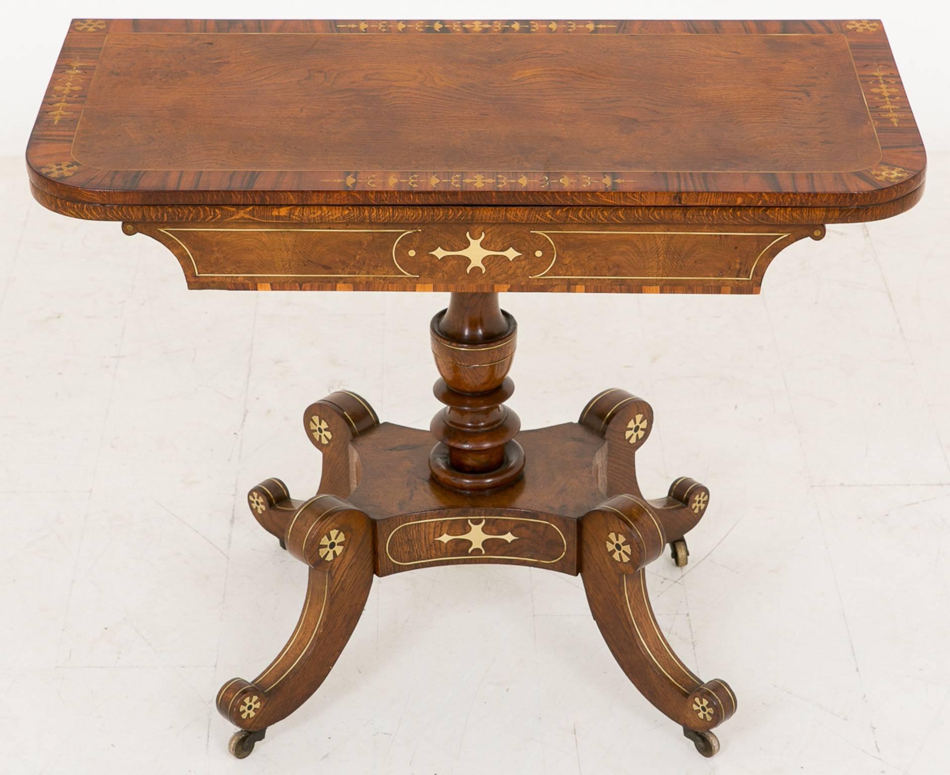 Inlay Stunning Regency Hand Cut Brass Inlaid Pollard Oak Tea Table For Sale