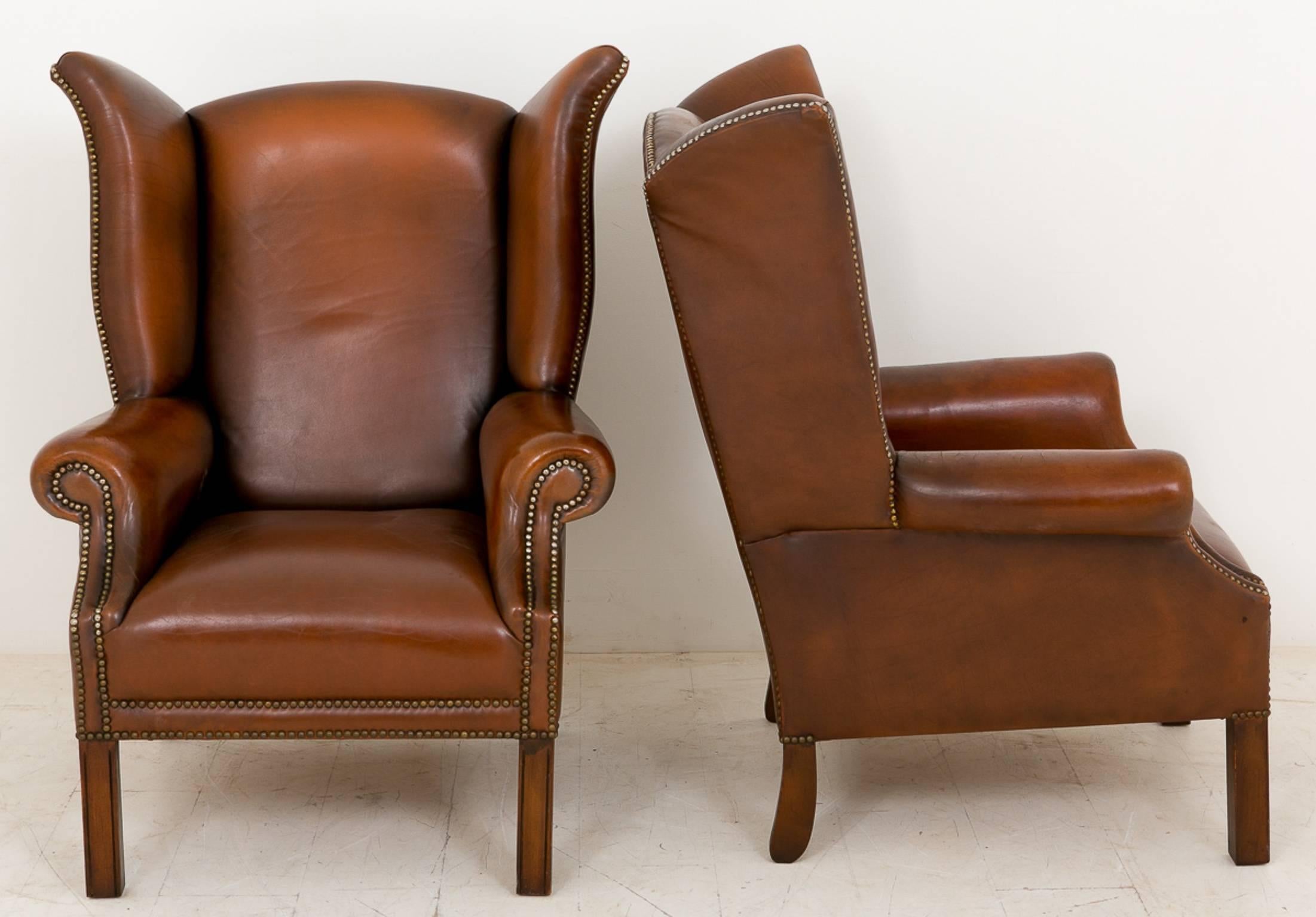 British Pair of Leather Wing Chairs For Sale