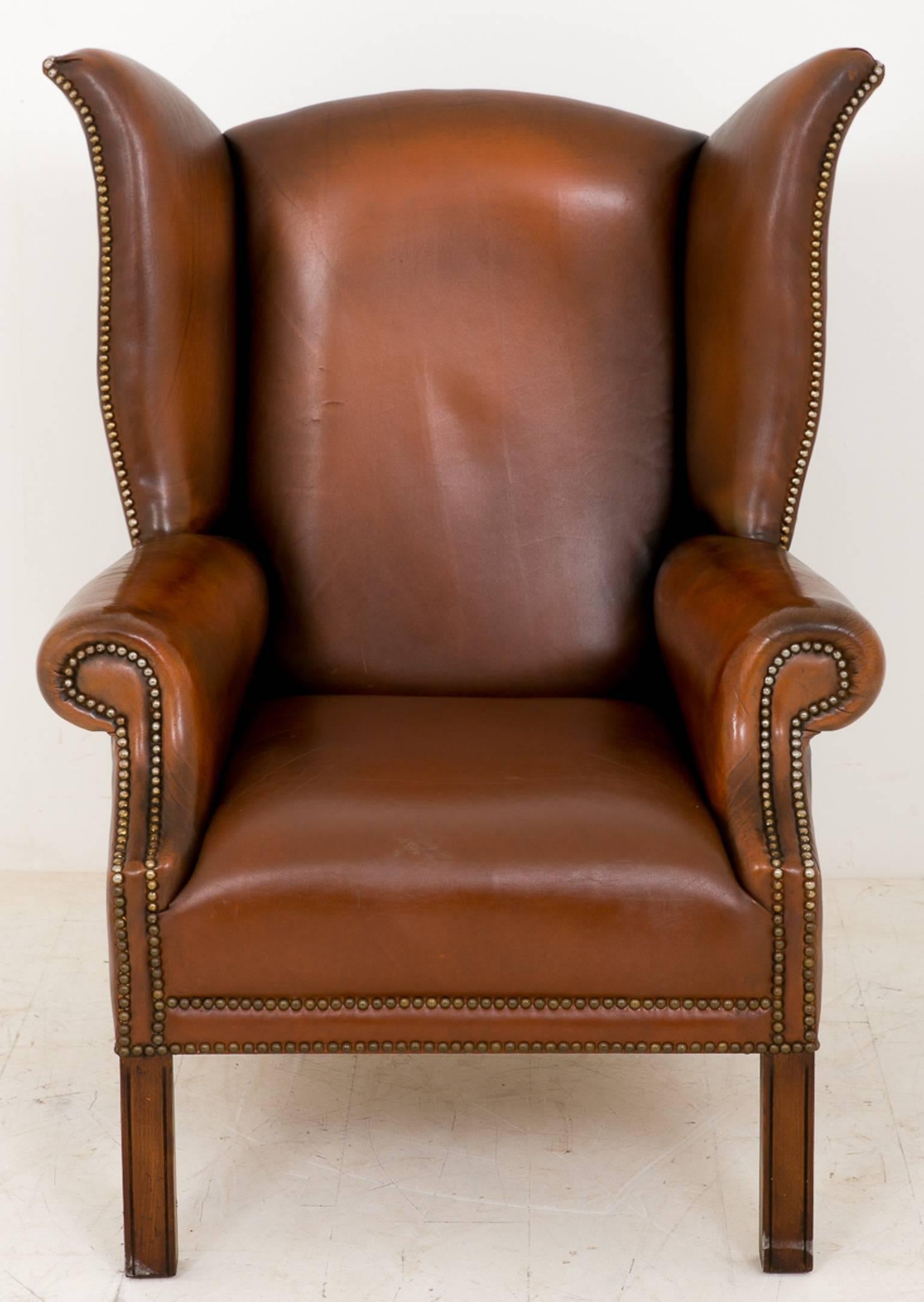 Pair of Leather Wing Chairs In Good Condition For Sale In Norwich, Norfolk
