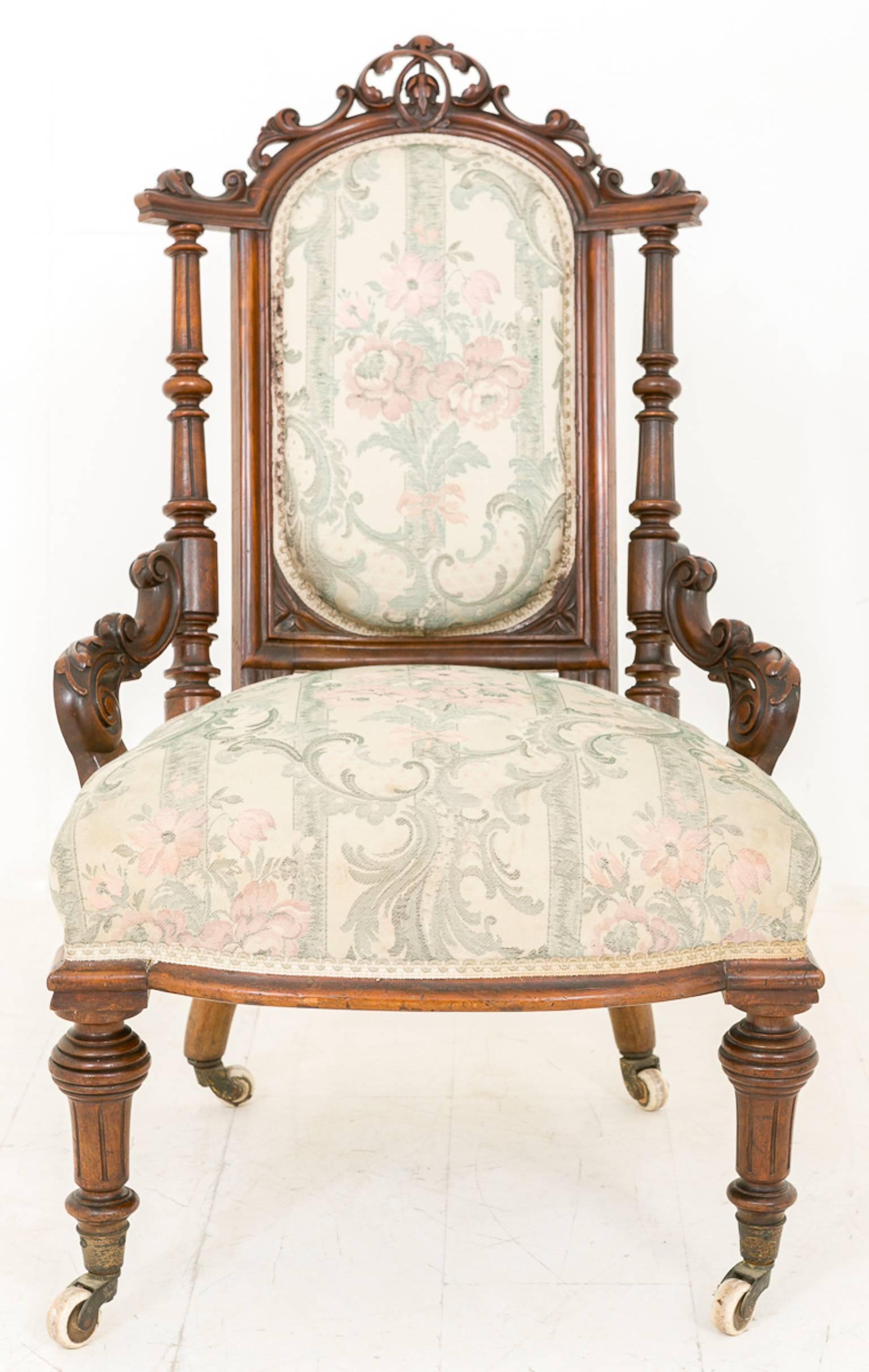 Carved Pair of Victorian Walnut His and Hers Salon Chairs For Sale