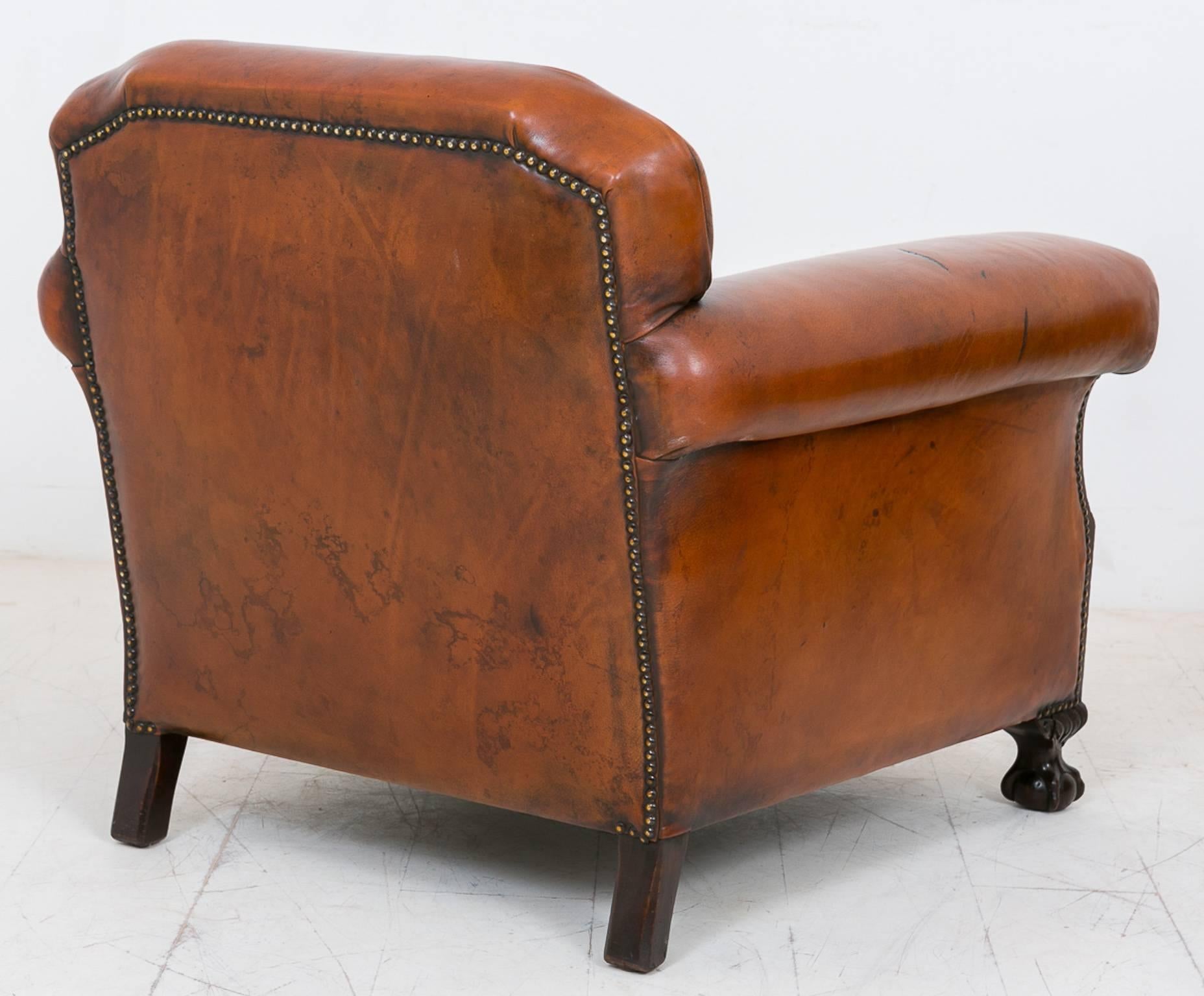 Chippendale Pair of Leather Club Chairs