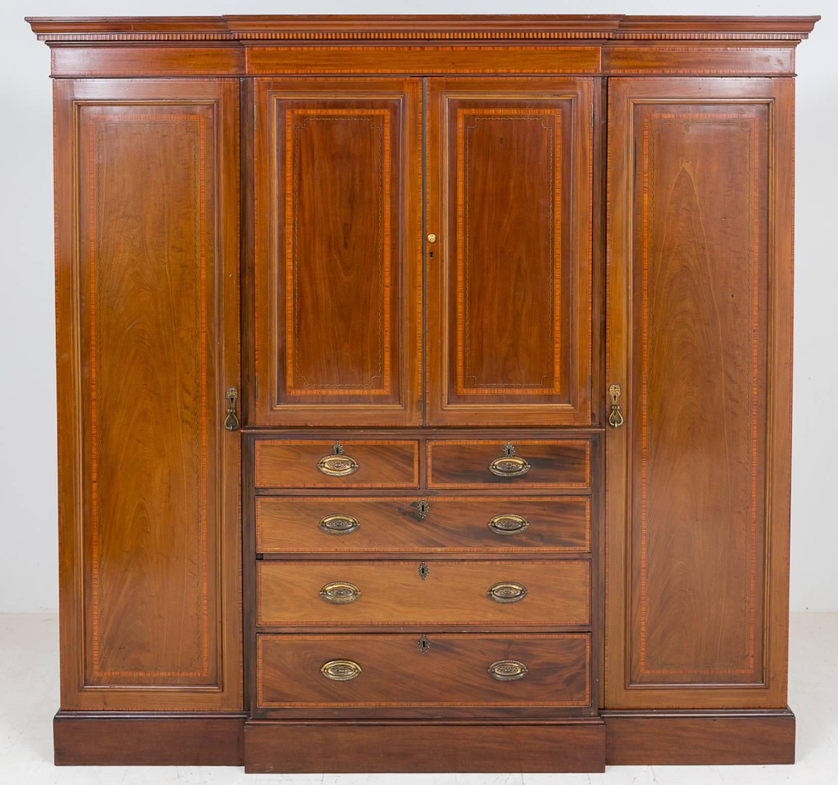 Inlay Sheraton Revival Mahogany Breakfront Wardrobe For Sale