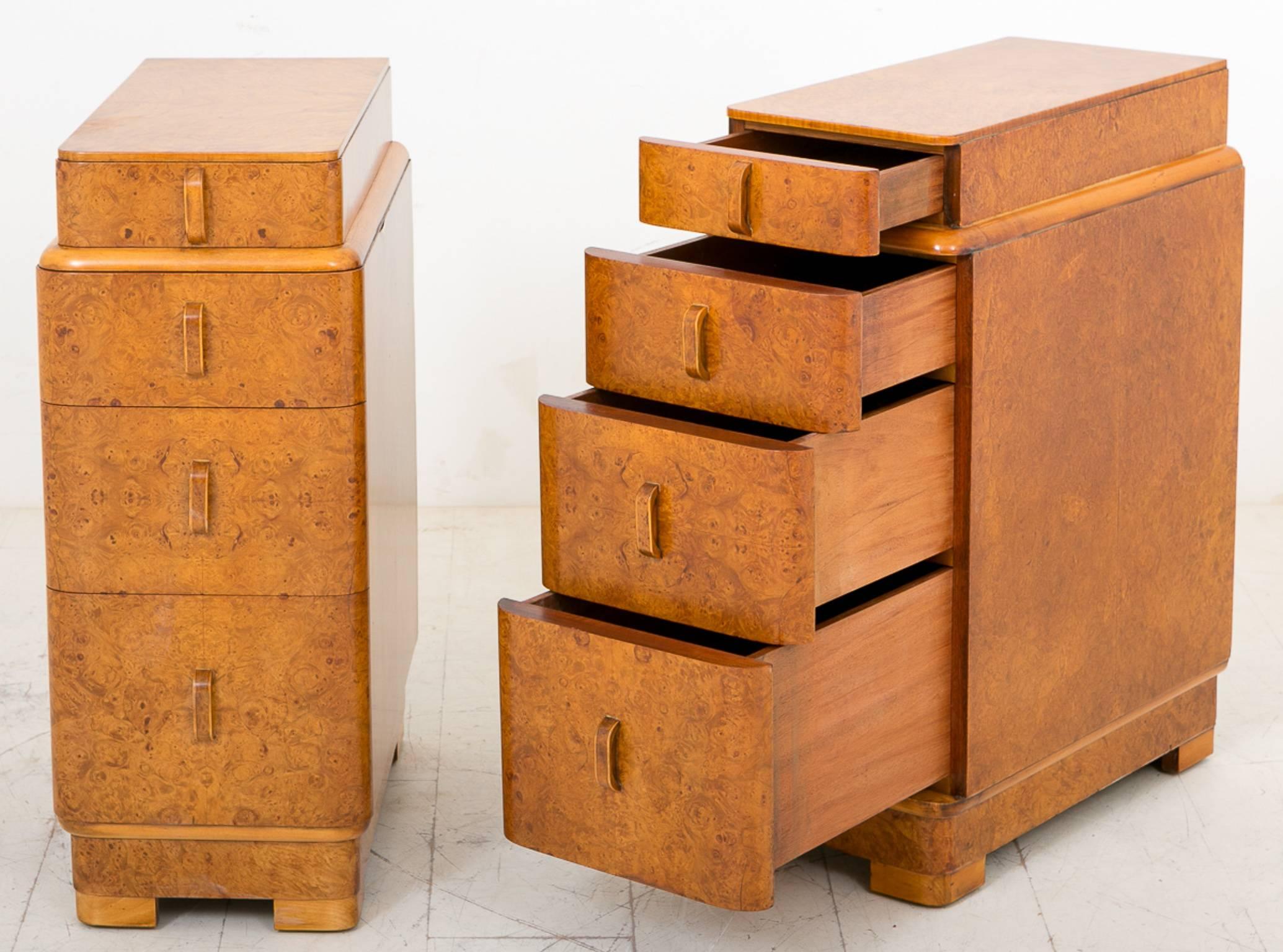 British Pair of Burr Walnut Art Deco Bedside Chests For Sale