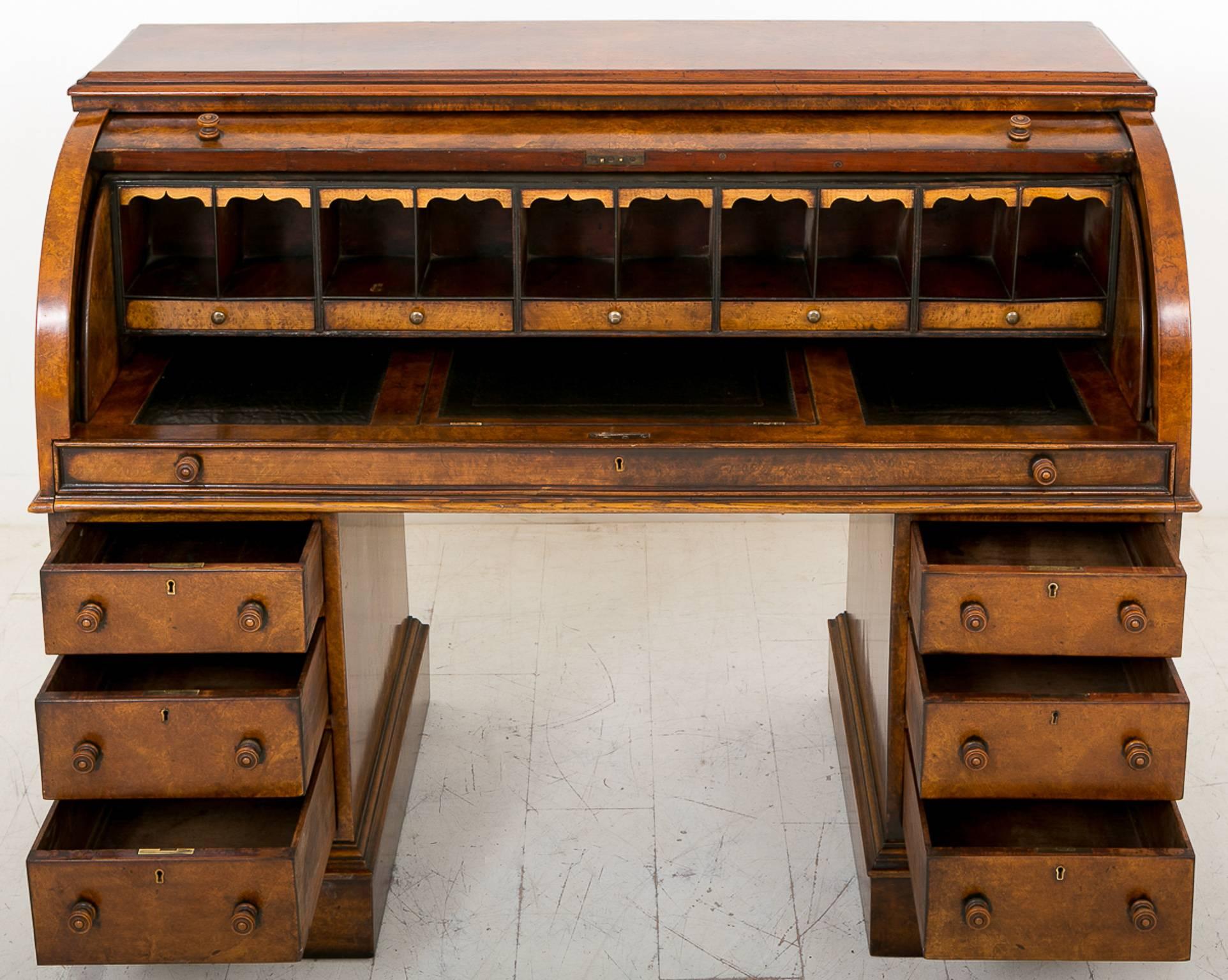 British Stunning Victorian Burr Walnut Cylinder Desk For Sale