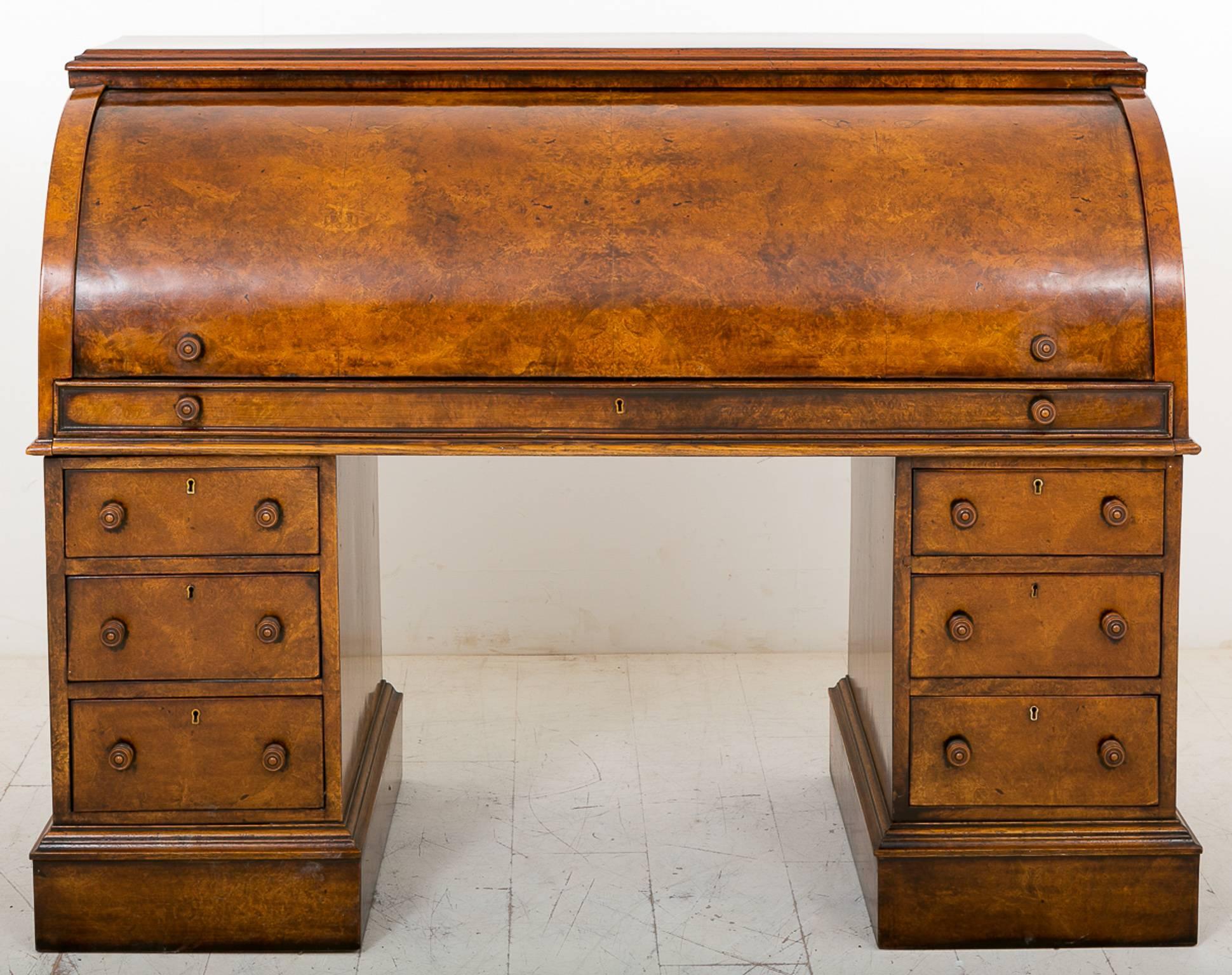 Stunning Victorian Burr Walnut Cylinder Desk For Sale 1