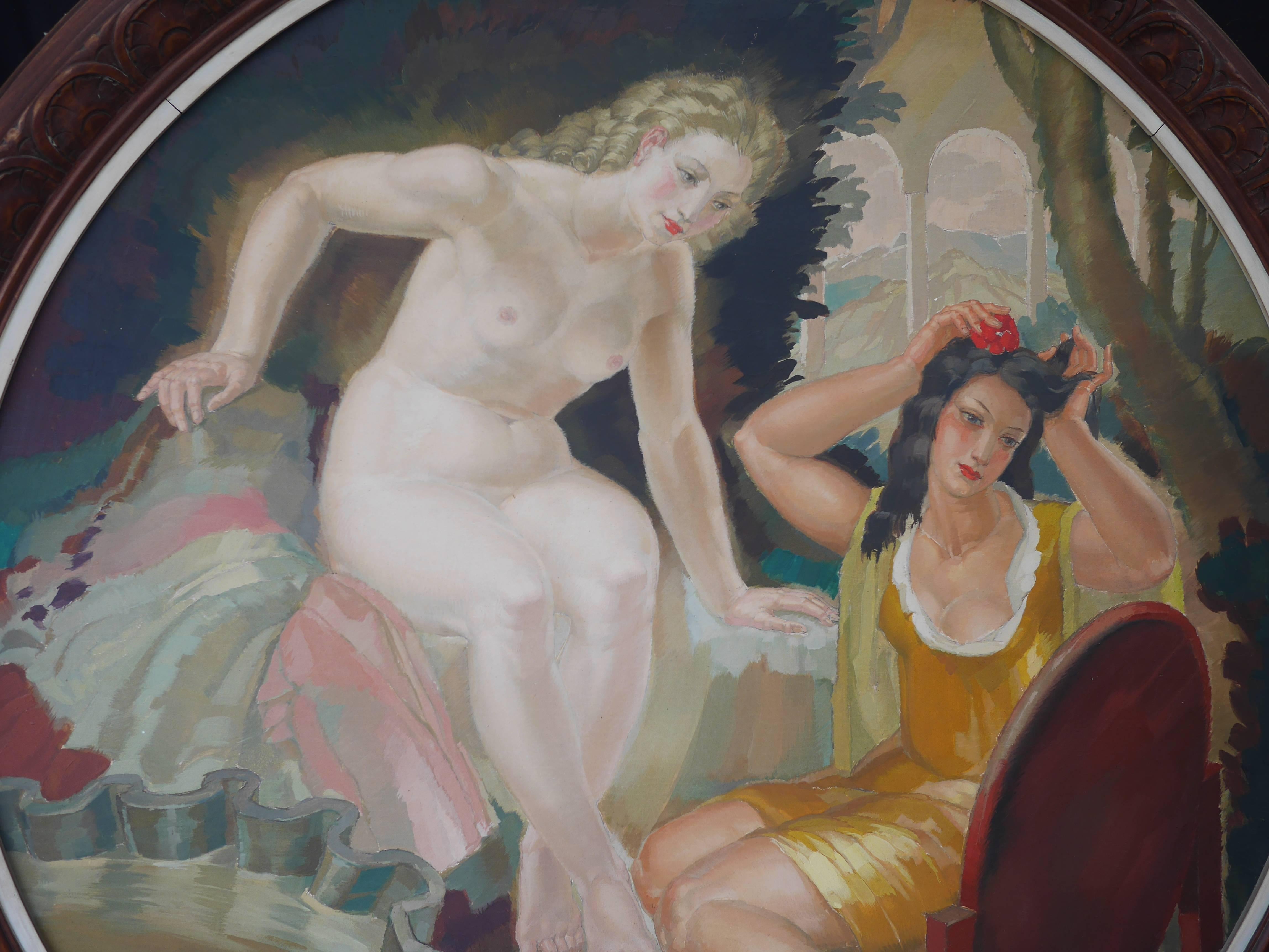 J. André Caverne (Active in the early 20th century)
Painter decorator from Bordeaux - France
Young women at her toilet
Oil on round panel
120.5 cm diameter - 145cm with frame
Signed A. Cave on the lower right.