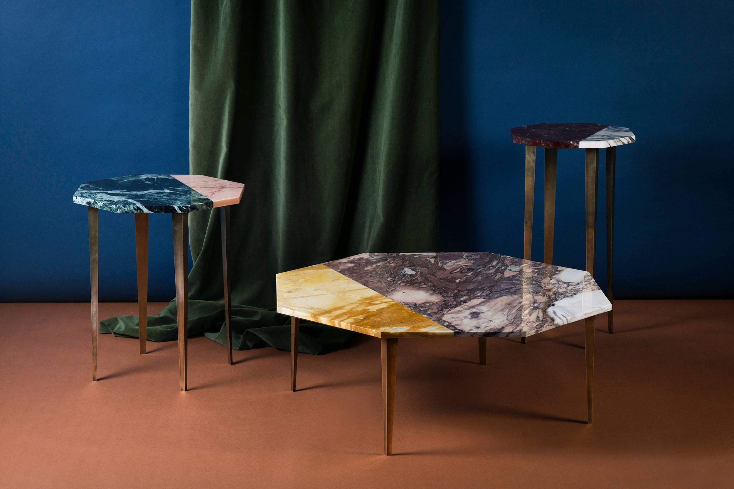 Thierry cocktail table, measures: 35 x 62cm. Rosso Levanto and African violet marble, brass.

Launched at the Salone del Mobile 2017, Campbell-Rey present their Thierry table collection.

Comprised of three tables-a cocktail table, a side table