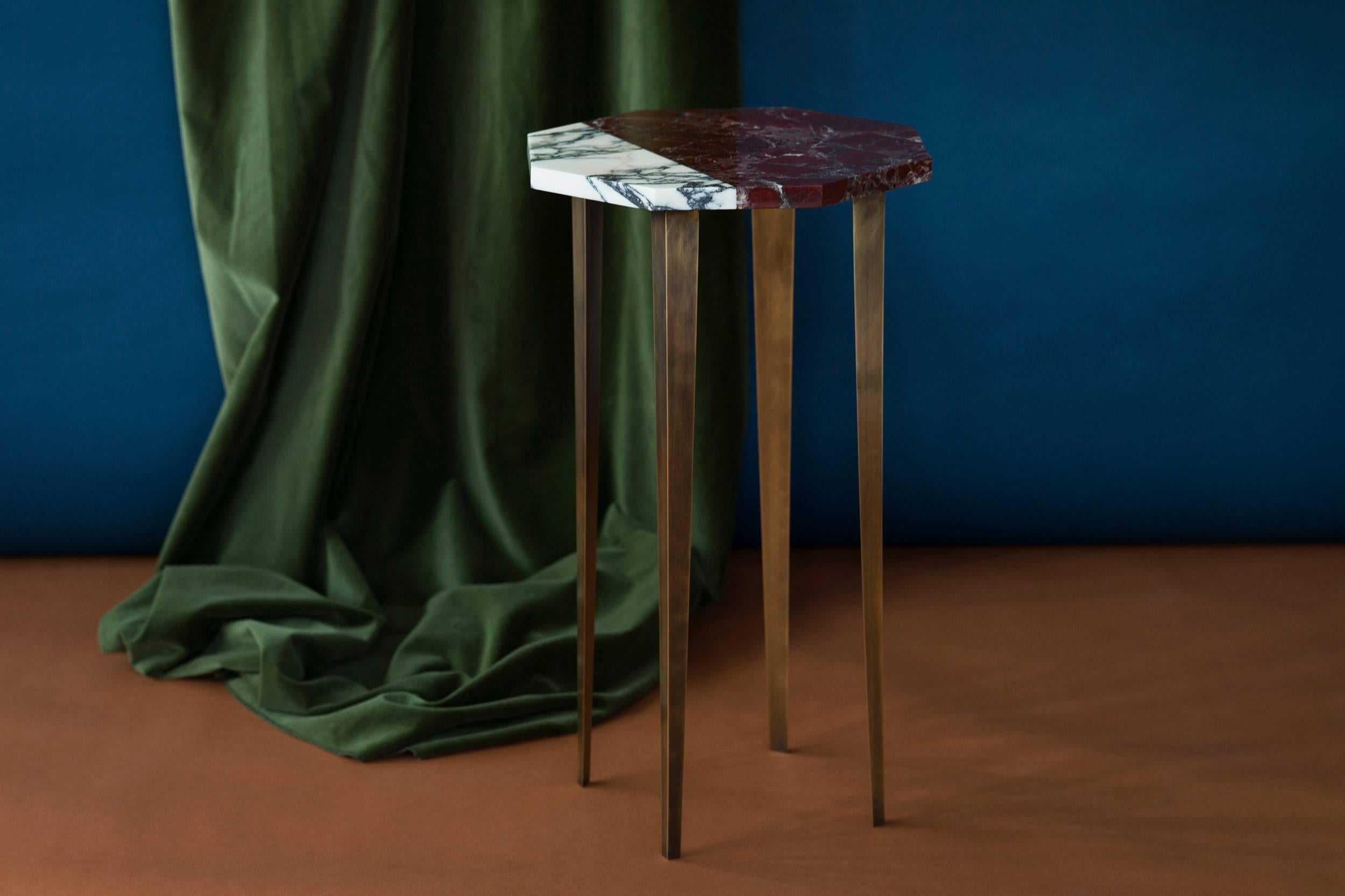 Contemporary Octagonal Cocktail Table with Red and White Marble Top and Tapering Brass Legs