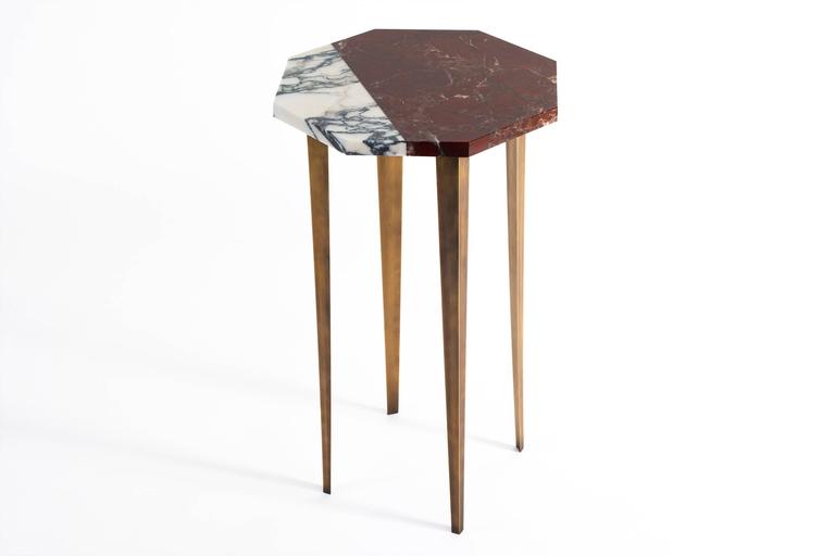 Octagonal Cocktail Table with Red and White Marble Top and Tapering Brass Legs For Sale at 1stDibs