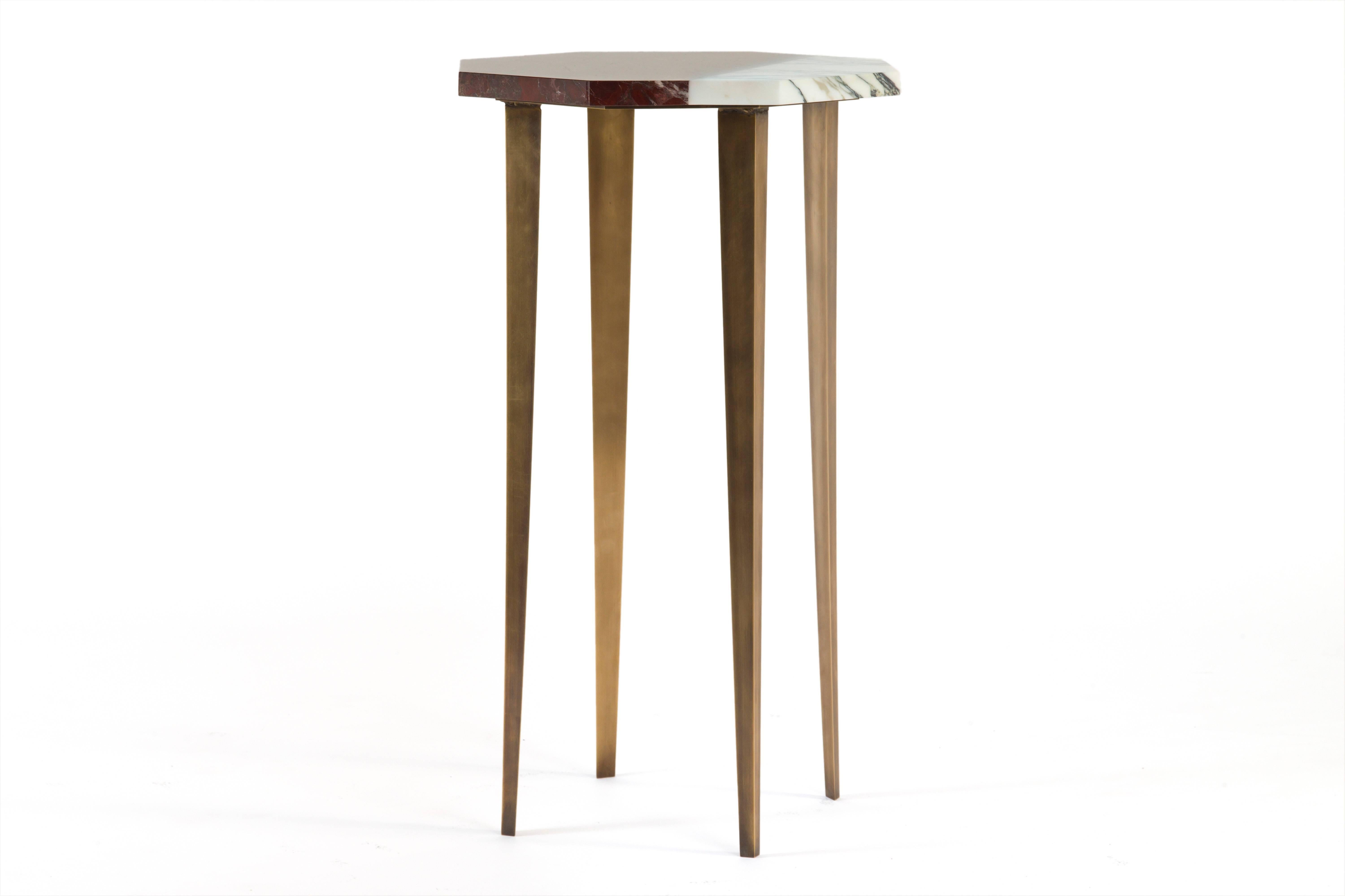 British Octagonal Cocktail Table with Red and White Marble Top and Tapering Brass Legs