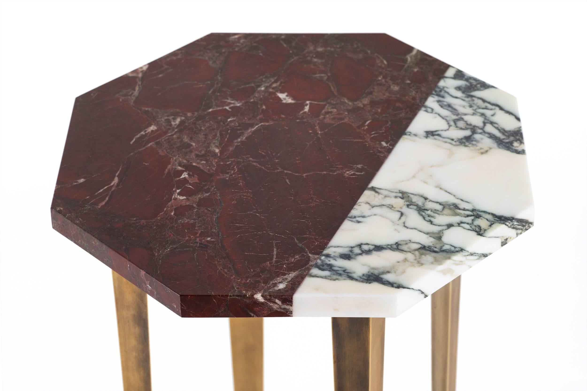 Modern Octagonal Cocktail Table with Red and White Marble Top and Tapering Brass Legs