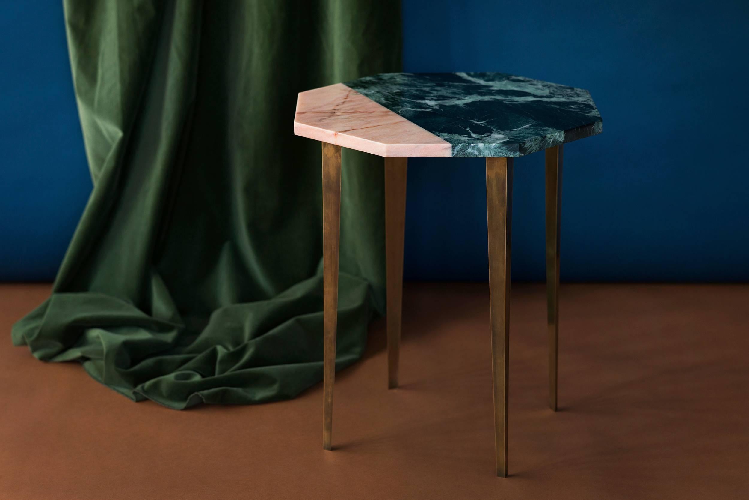 Patinated Octagonal Side Table with Green and Pink Marble Top and Tapering Brass Legs