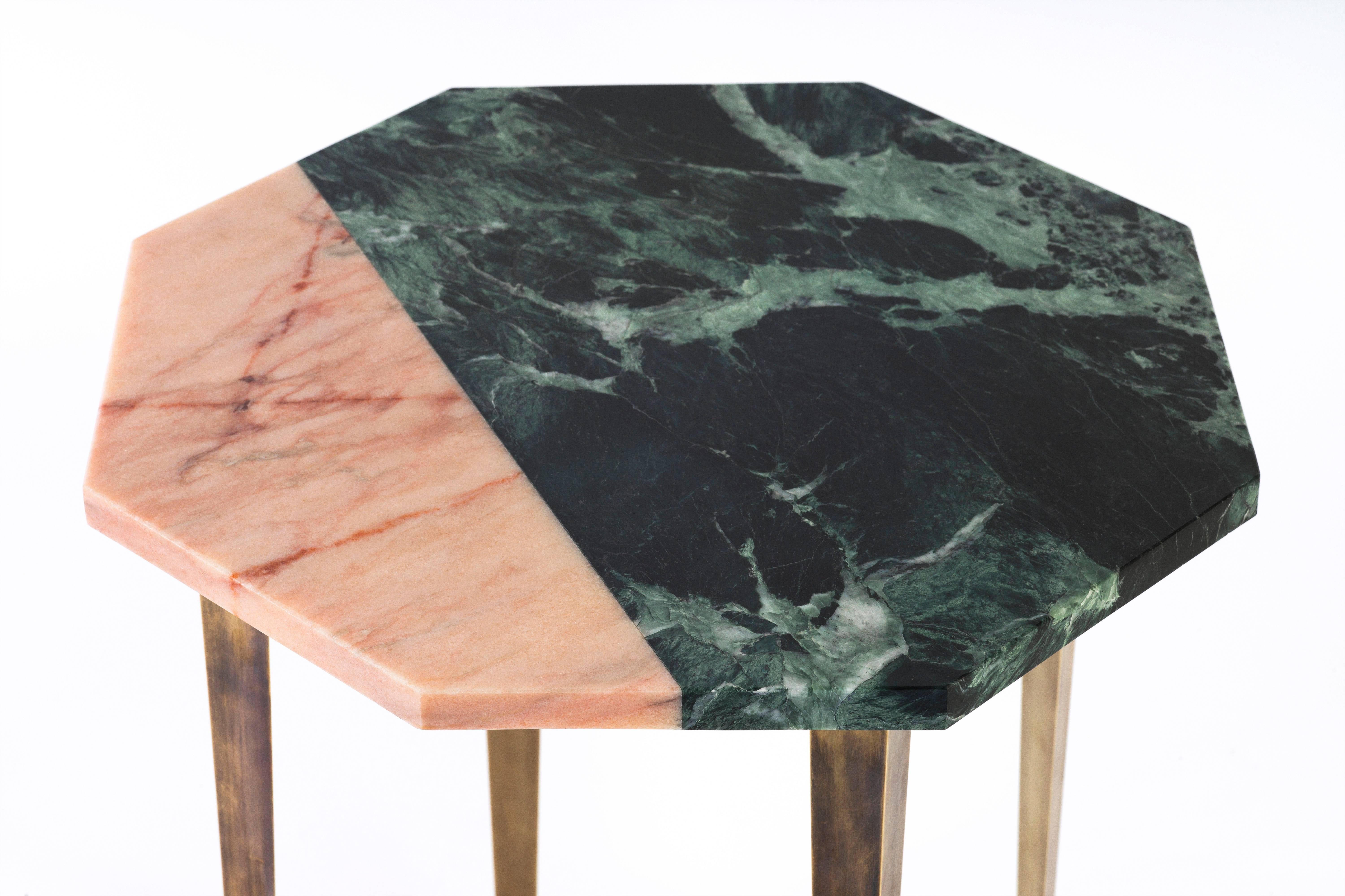 Modern Octagonal Side Table with Green and Pink Marble Top and Tapering Brass Legs