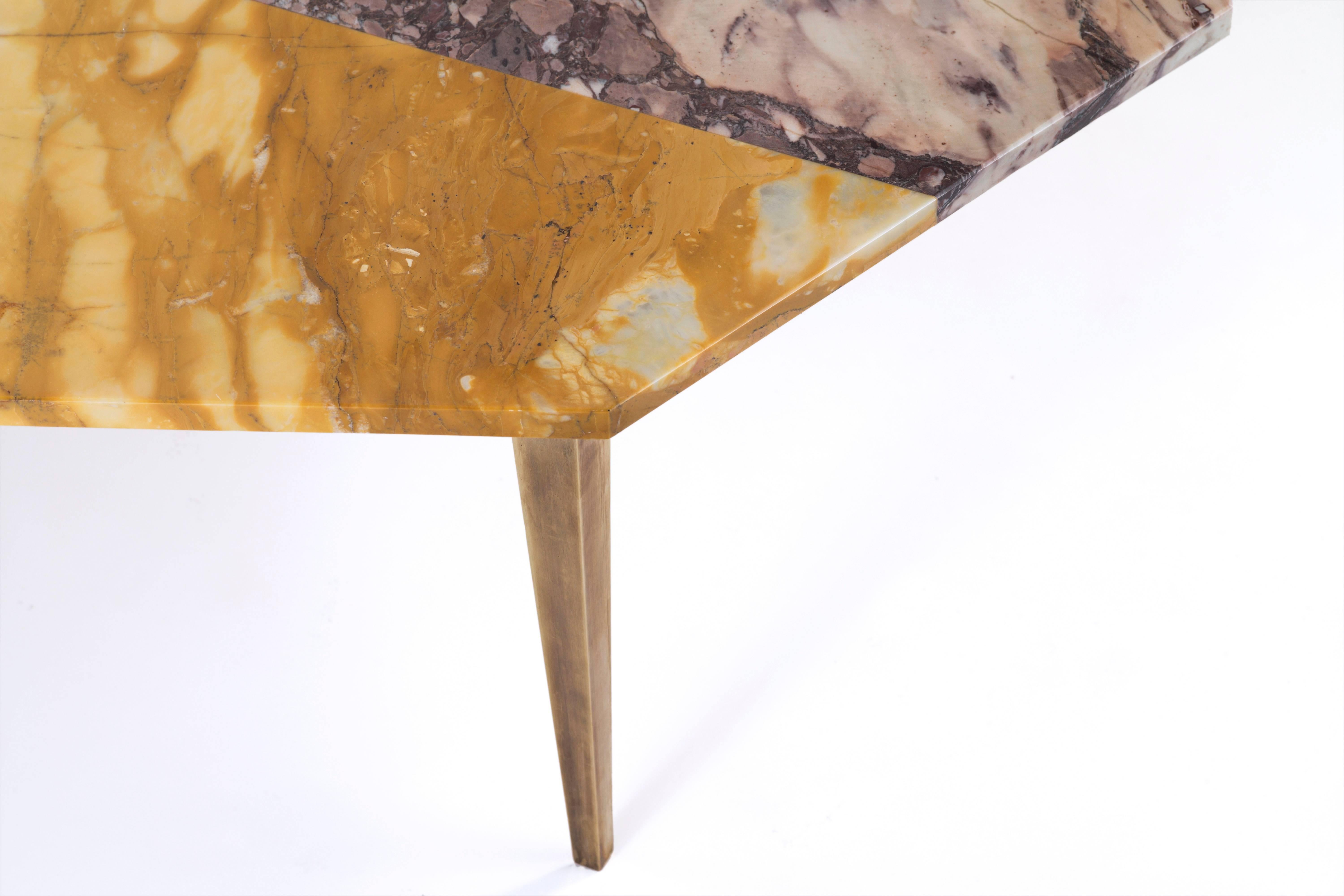 Modern Octagonal Side Table with Violet and Yellow Marble Top and Tapering Brass Legs