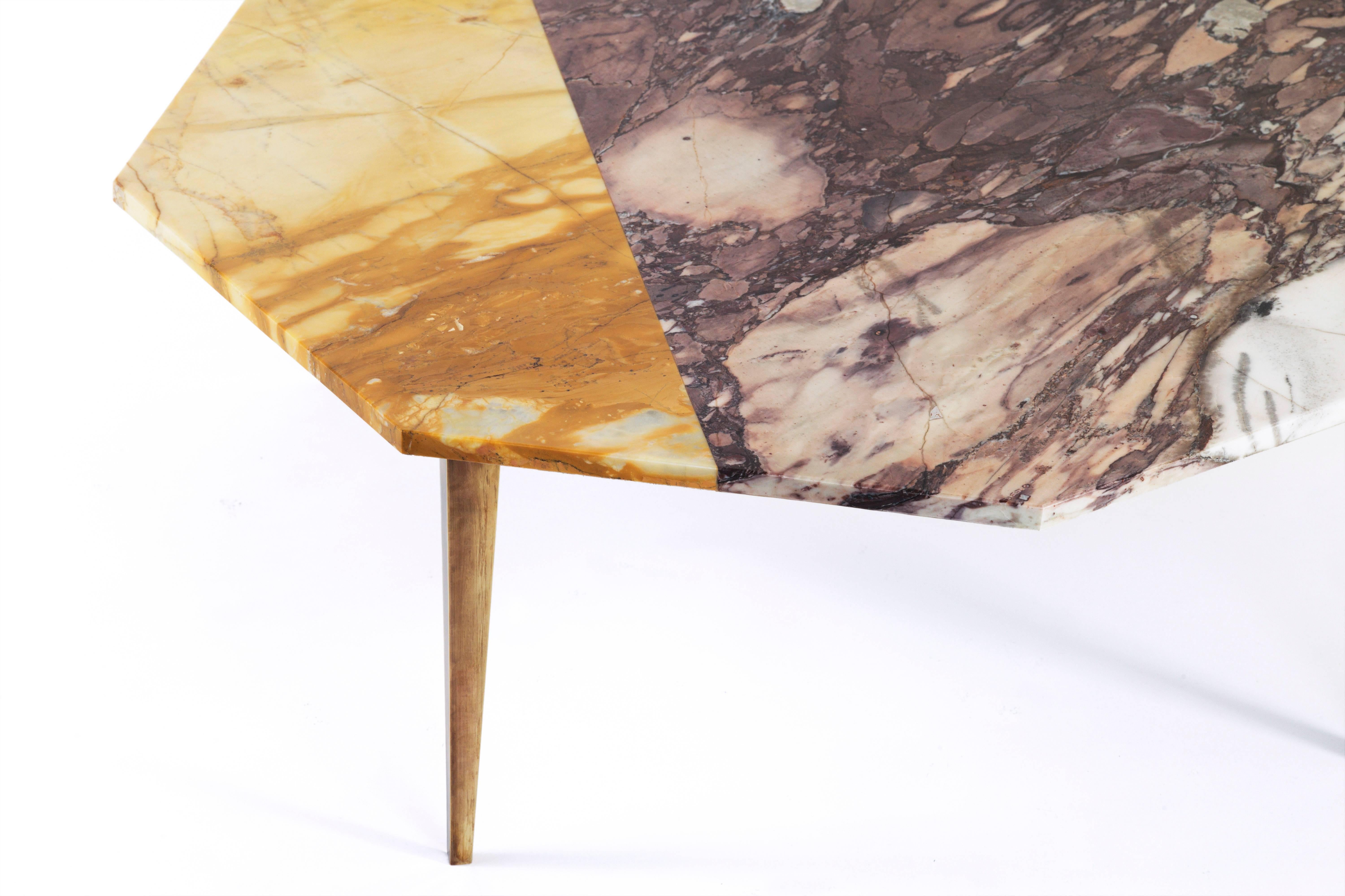 Patinated Octagonal Side Table with Violet and Yellow Marble Top and Tapering Brass Legs