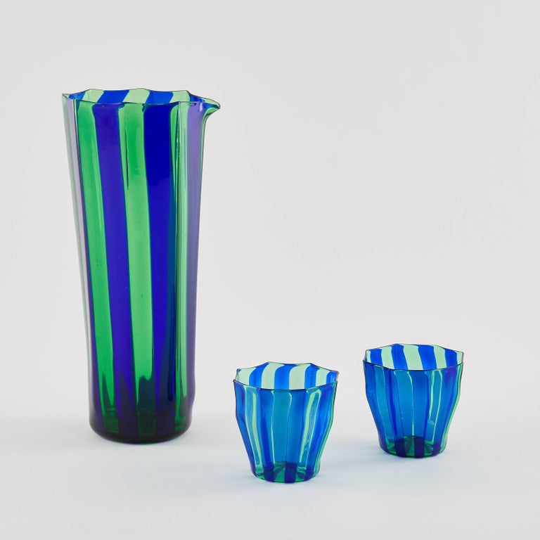 Campbell-Rey Octagonal Striped Carafe in Green and Blue Murano Glass In New Condition For Sale In London, GB