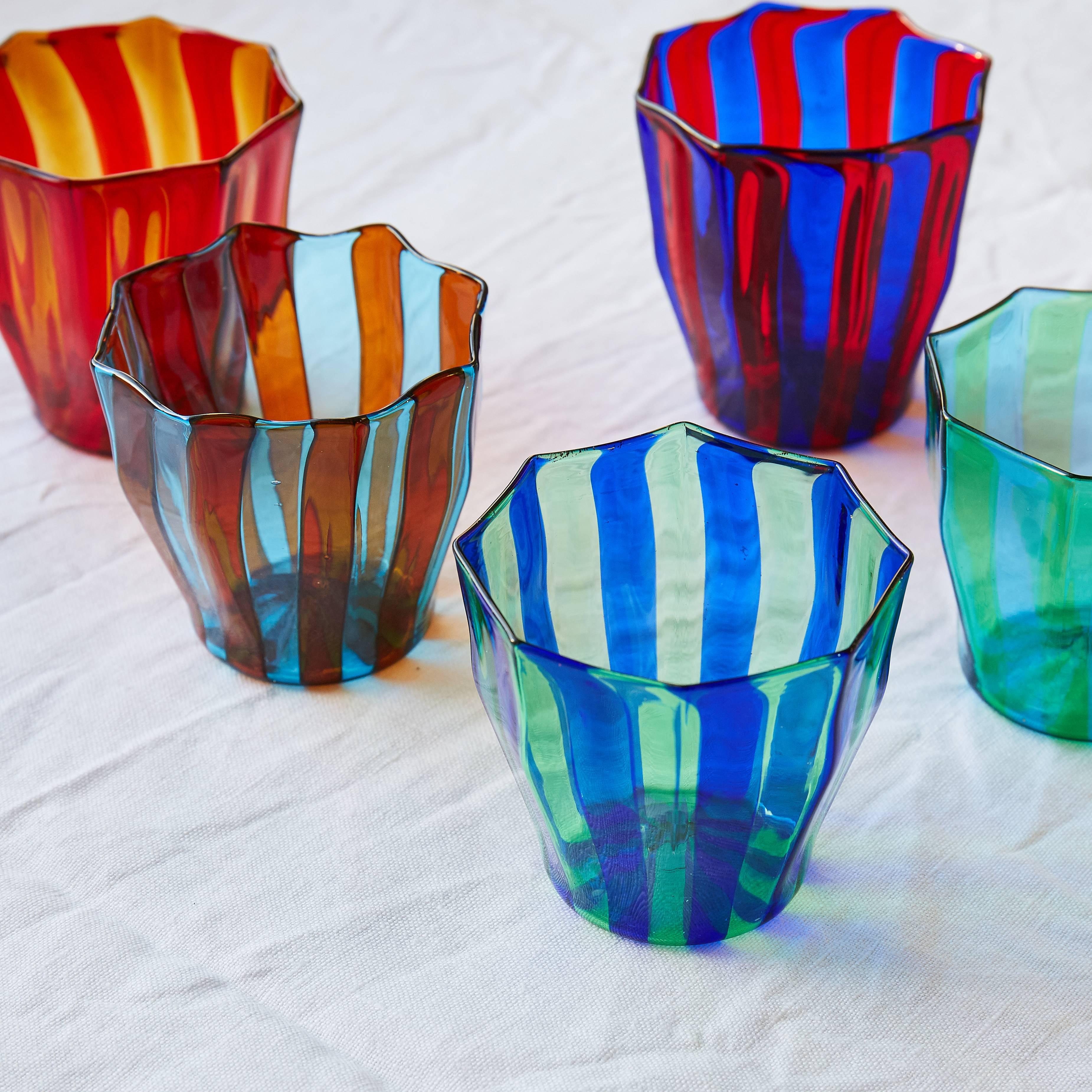 Modern Campbell-Rey Octagonal Striped Tumbler in Red and Blue Murano Glass