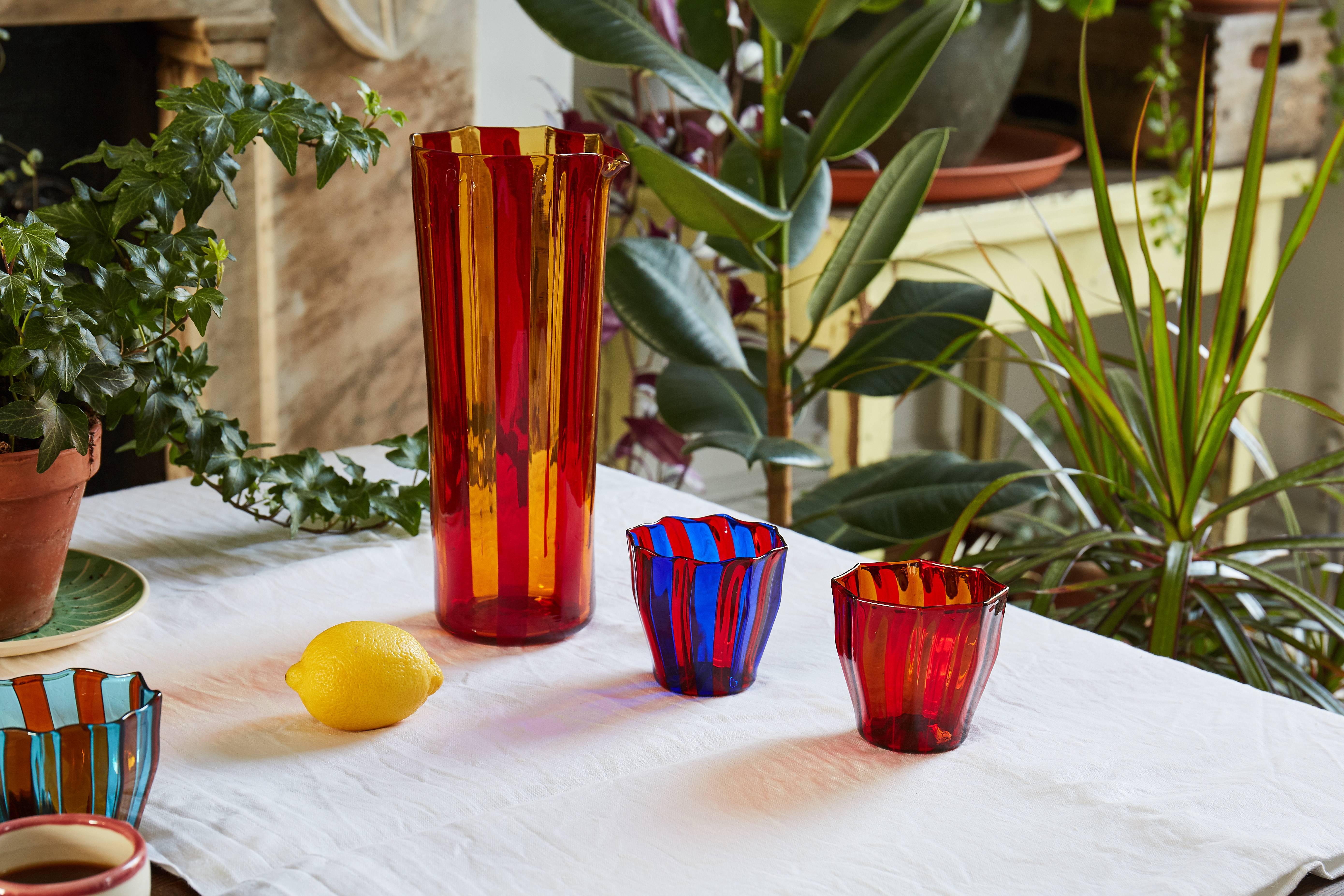 Campbell-Rey Octagonal Striped Tumbler in Red and Blue Murano Glass In New Condition In London, GB