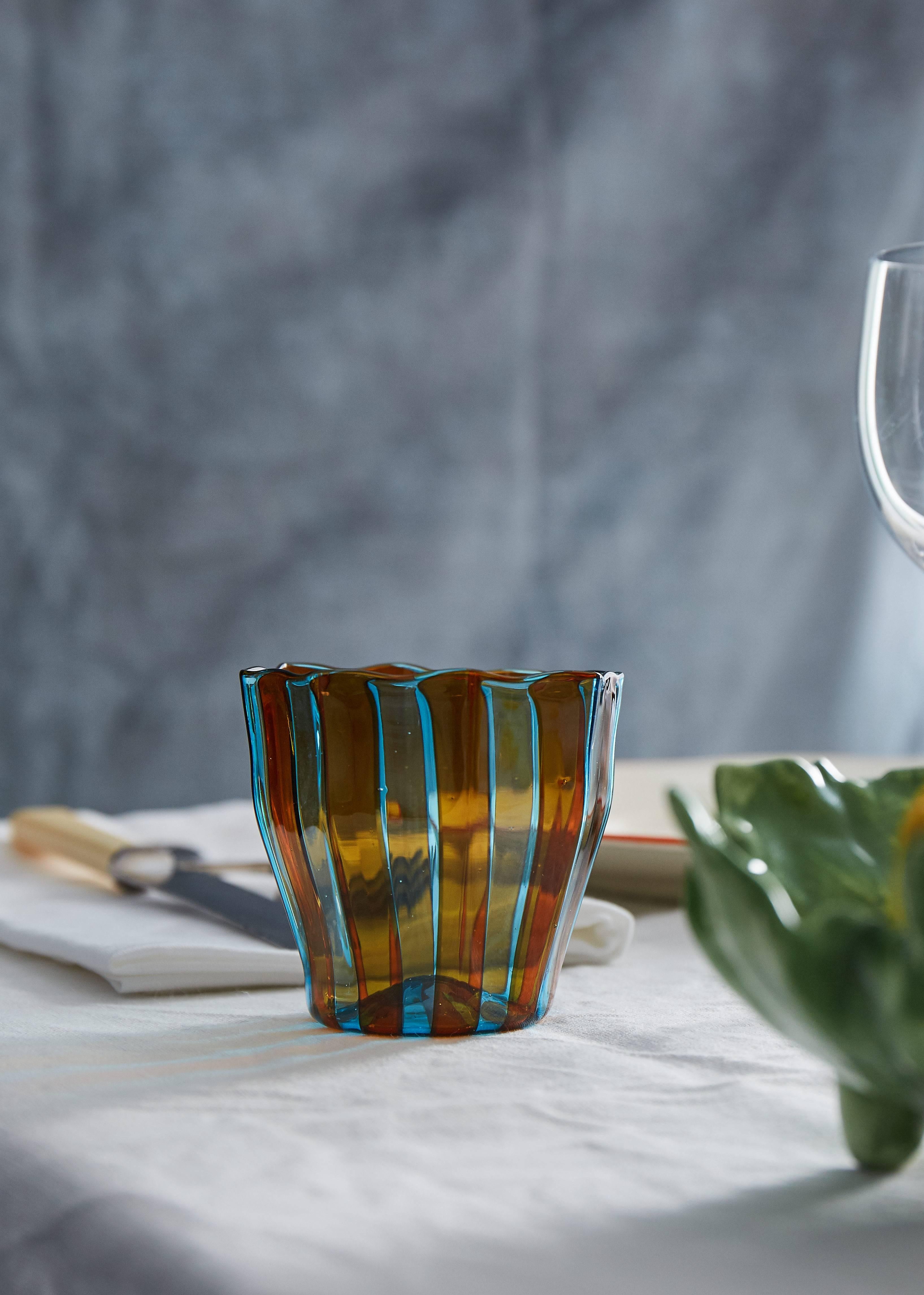 Modern Campbell-Rey Octagonal Striped Tumbler in Amber and Turquoise Murano Glass