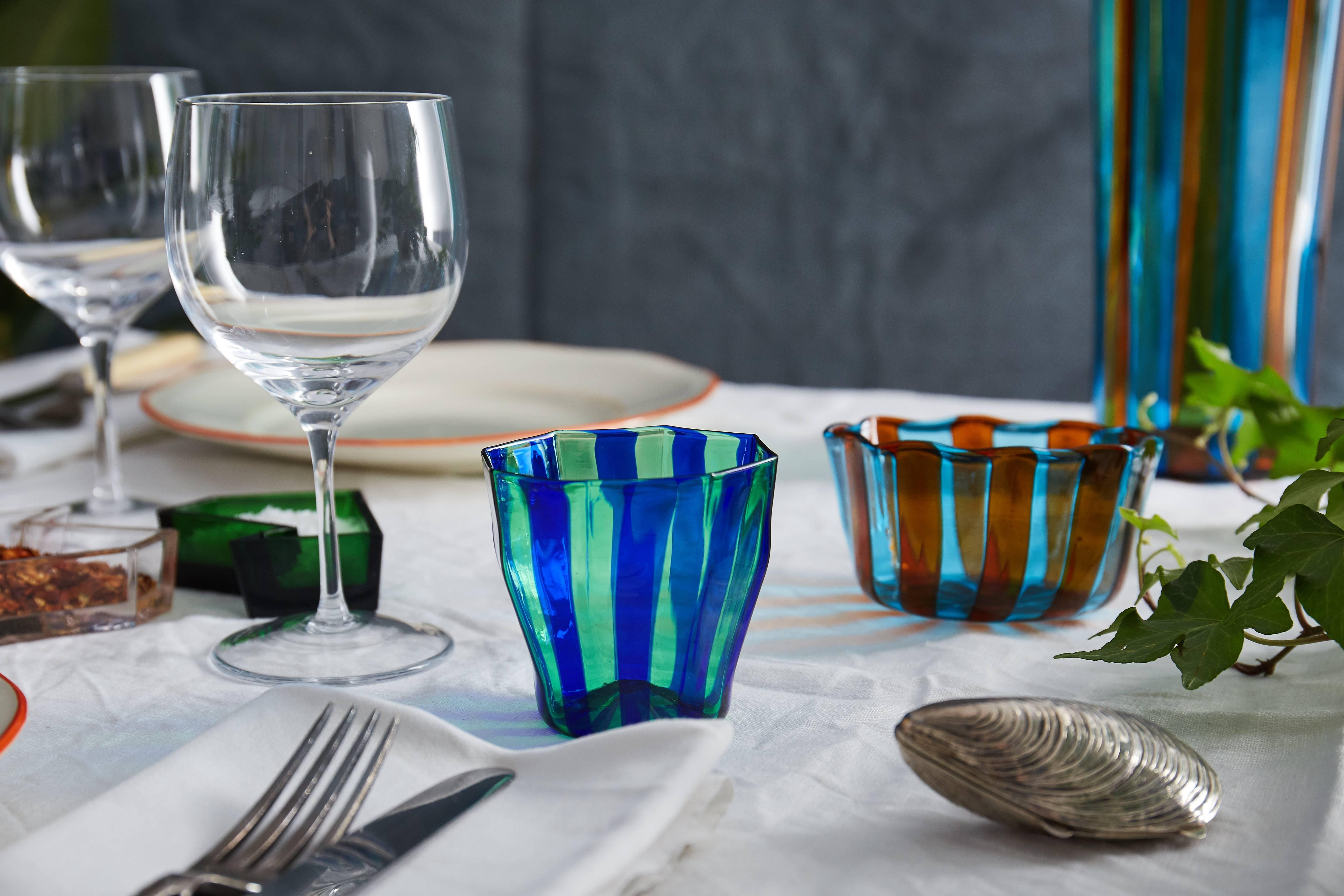 Contemporary Campbell-Rey Octagonal Striped Tumbler in Green and Blue Murano Glass