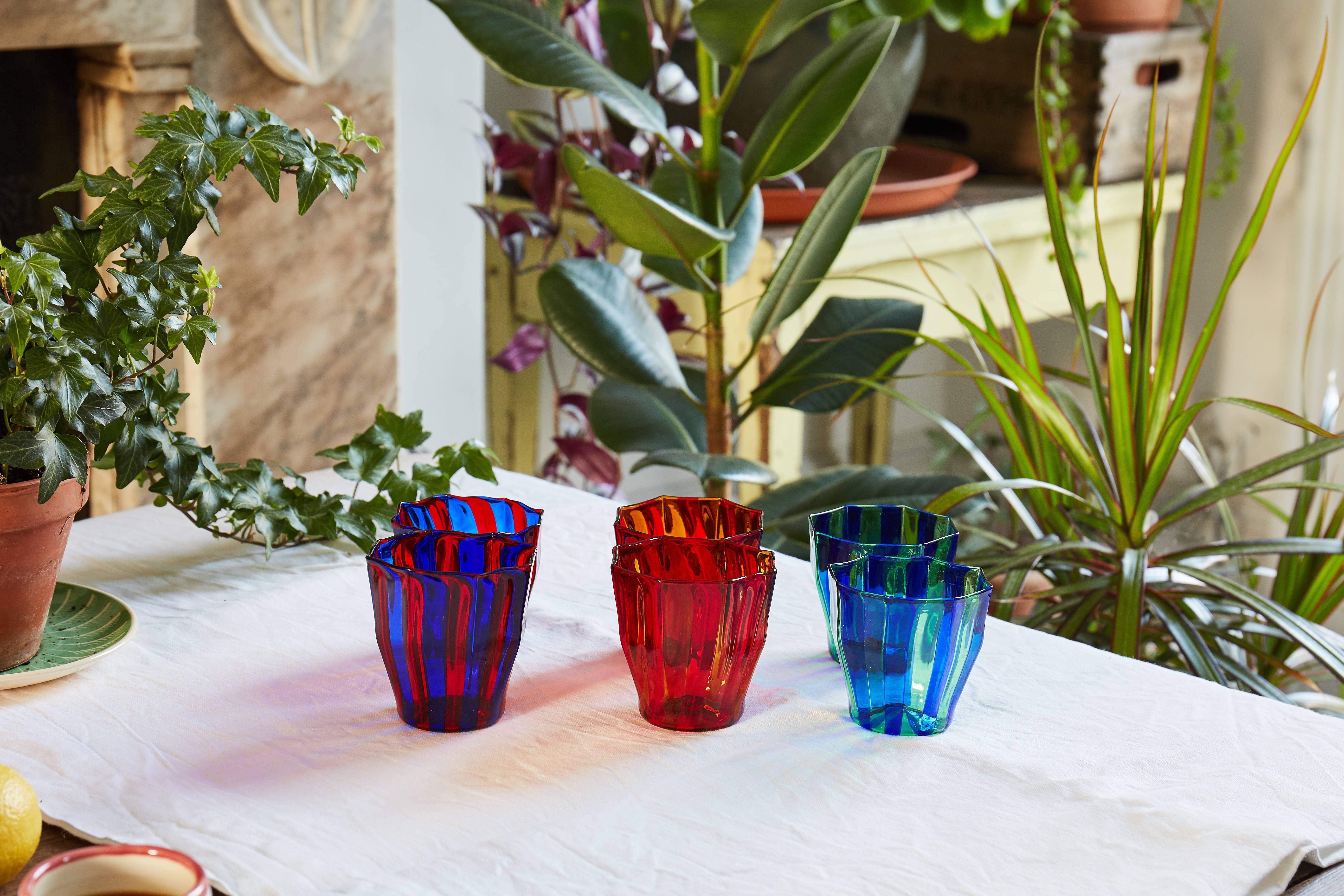 Faceted Campbell-Rey Octagonal Striped Tumbler in Green and Turquoise Murano Glass