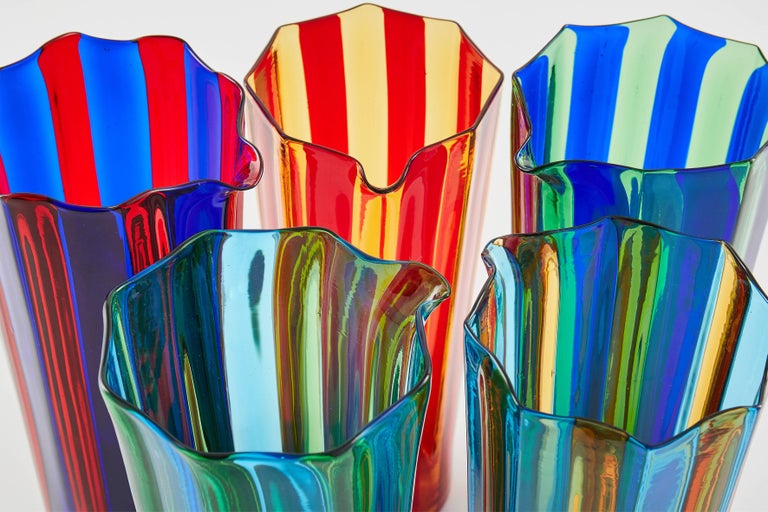 Modern Campbell-Rey Octagonal Striped Carafe in Red and Blue Murano Glass For Sale