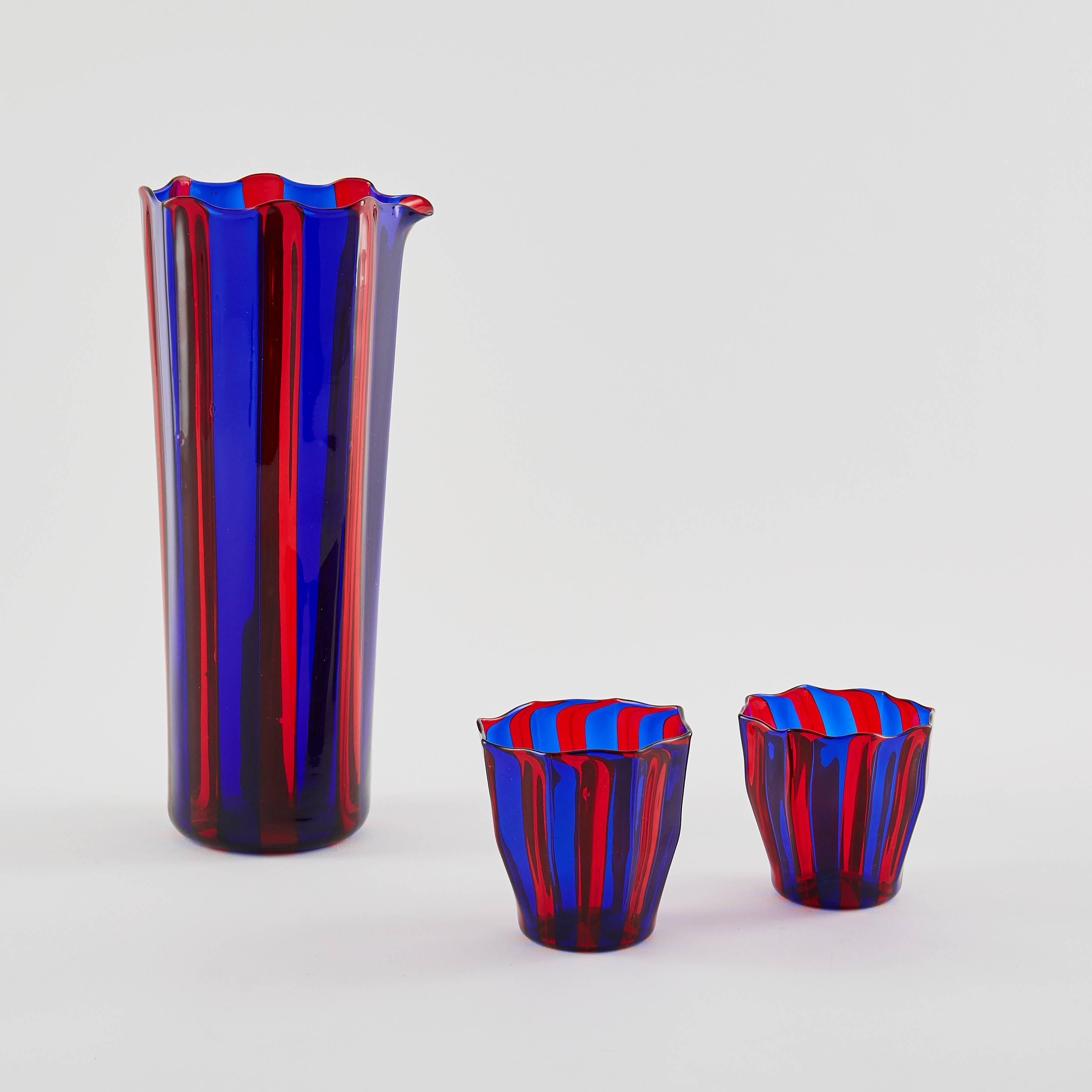 Faceted Campbell-Rey Octagonal Striped Carafe in Red and Blue Murano Glass For Sale