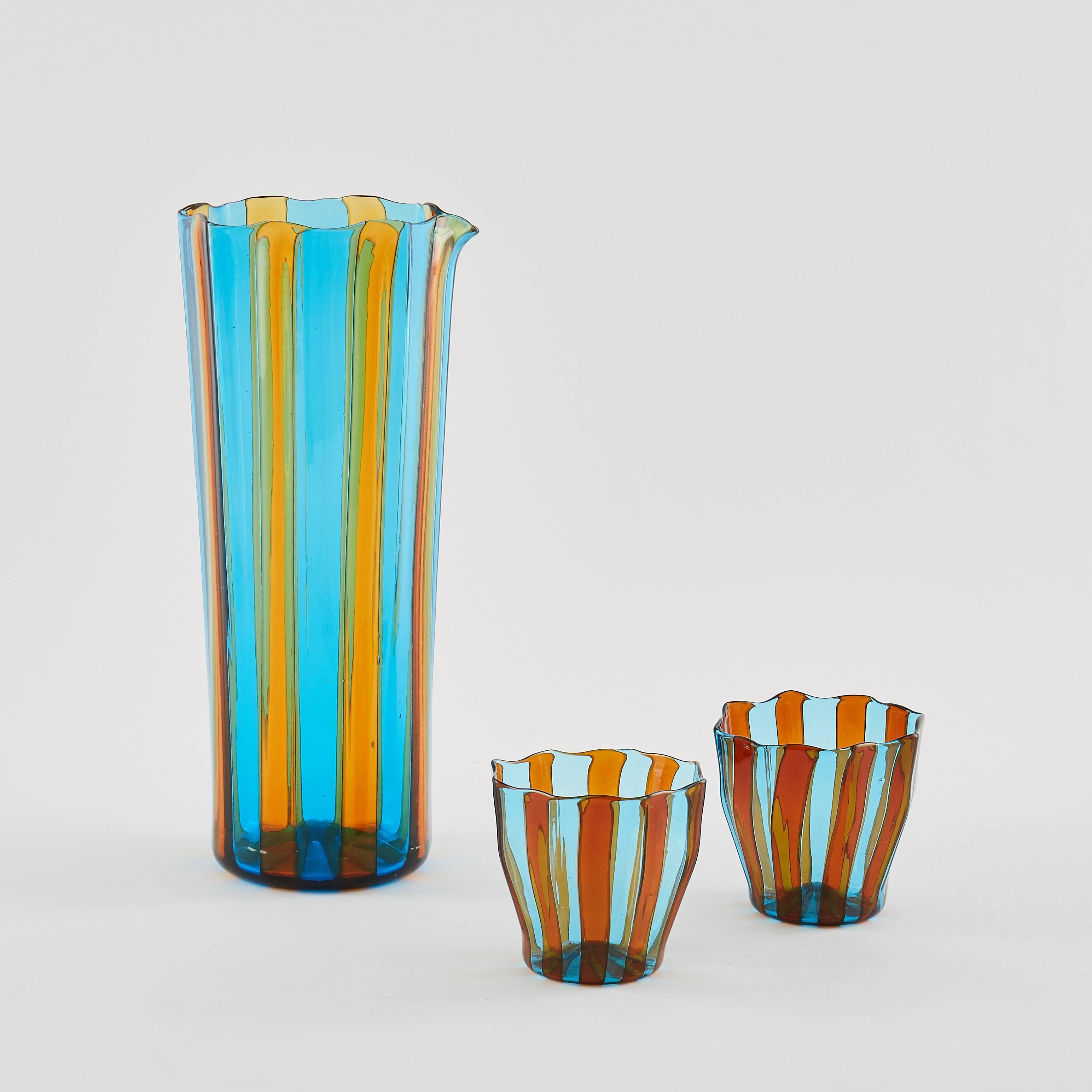 Faceted Campbell-Rey Octagonal Striped Carafe in Amber and Turquoise Murano Glass For Sale
