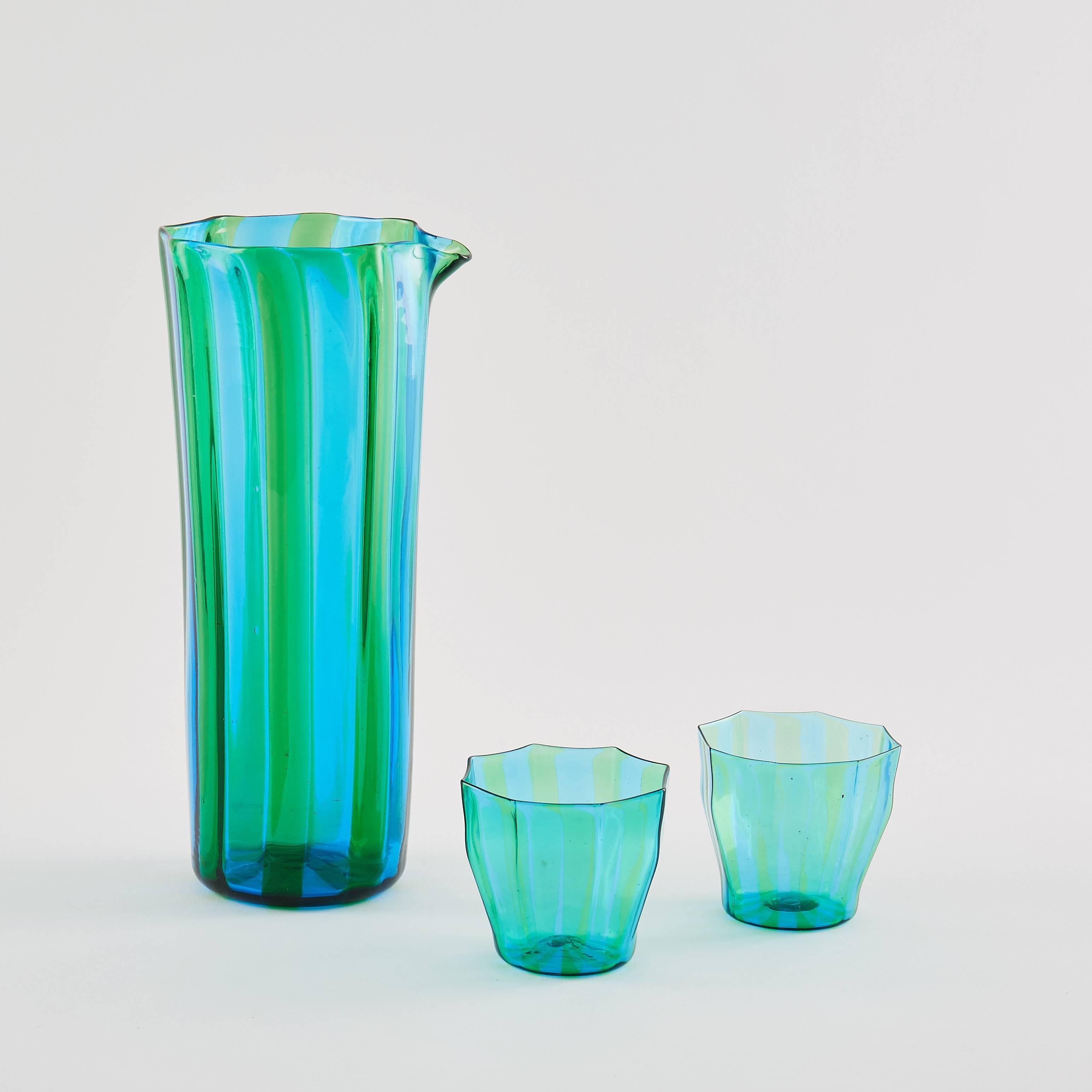 Faceted Campbell-Rey Octagonal Striped Carafe in Green and Turquoise Murano Glass For Sale