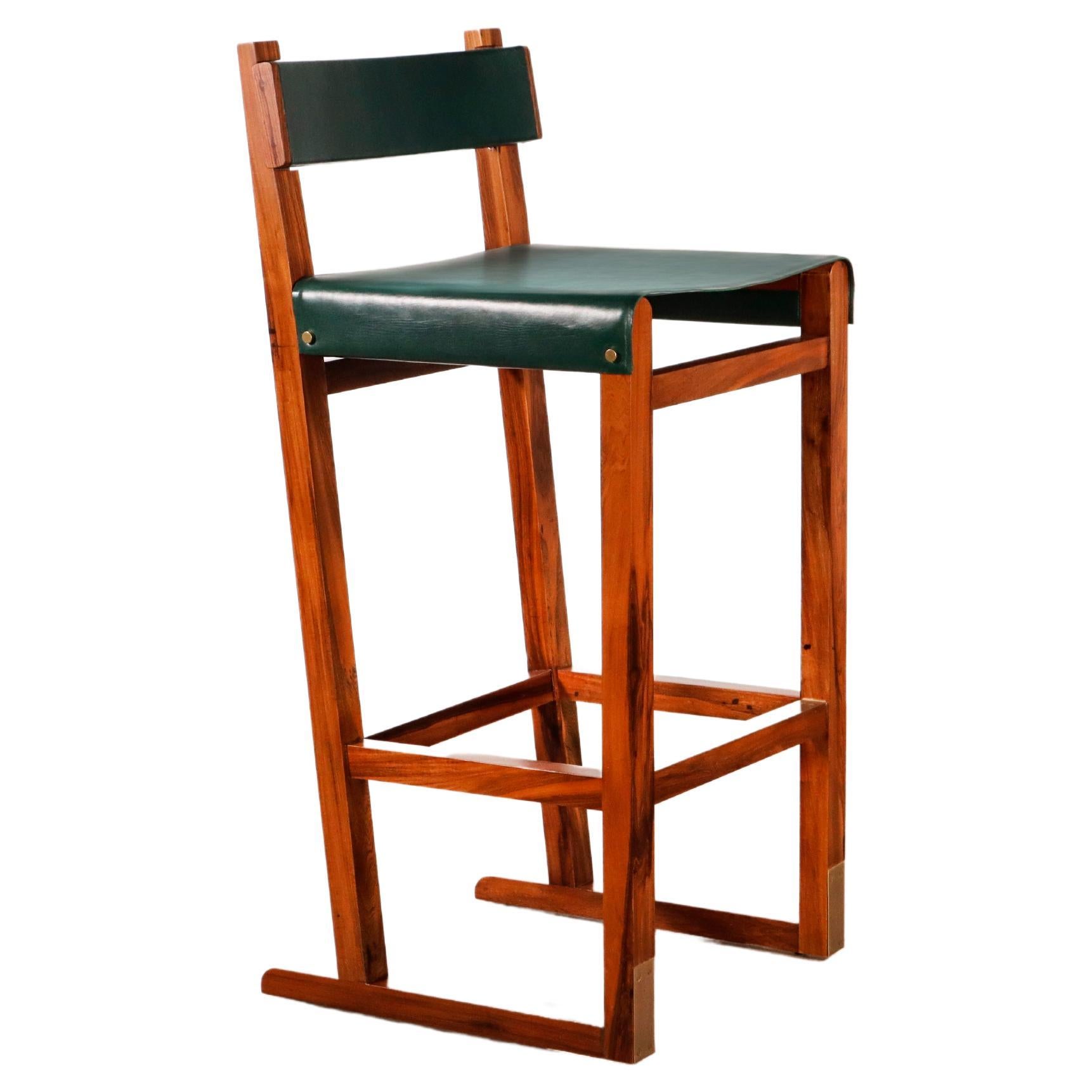 Wood Counter Stool with Slung Leather Seat and Bronze from Costantini, Piero For Sale