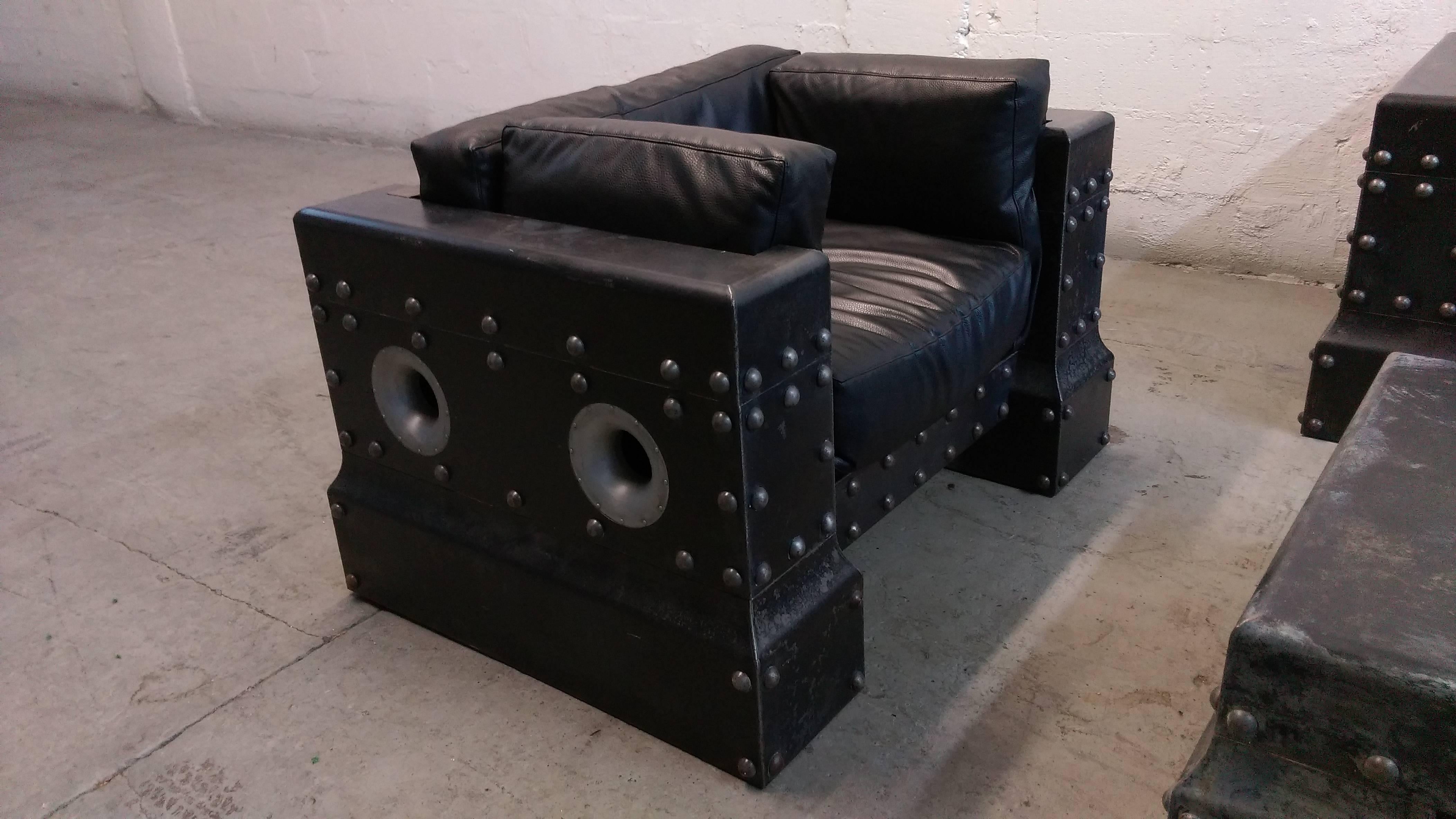 This was a custom-made Industrial sofa group for Oakley Sunglass Corporation. Its made from thick steel and the cushions are 100% genuine leather.
Measure: Sofa is 27