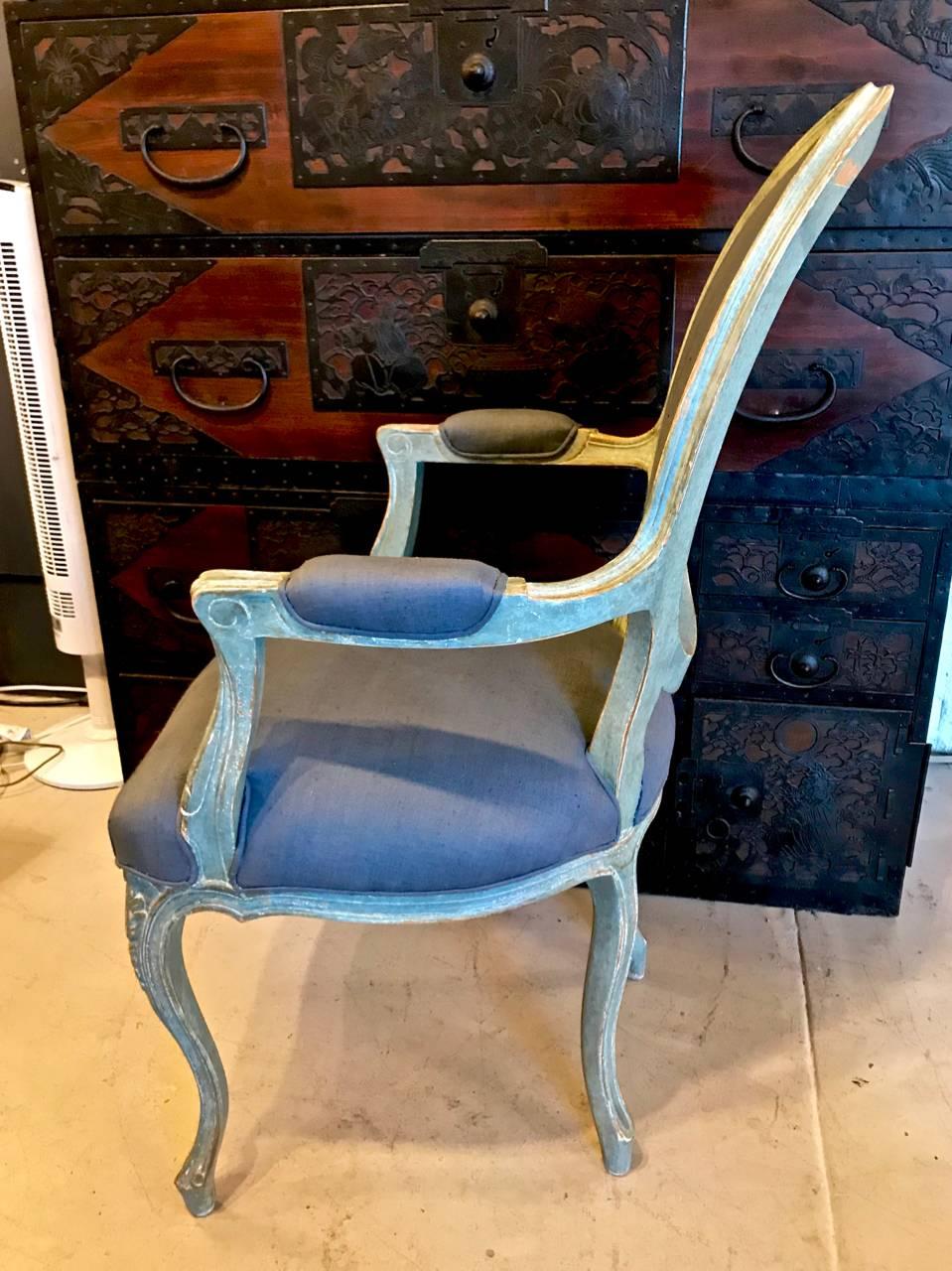 Linen Pair of 19th Century Italian Louis XV Fauteuils/Open Armchairs