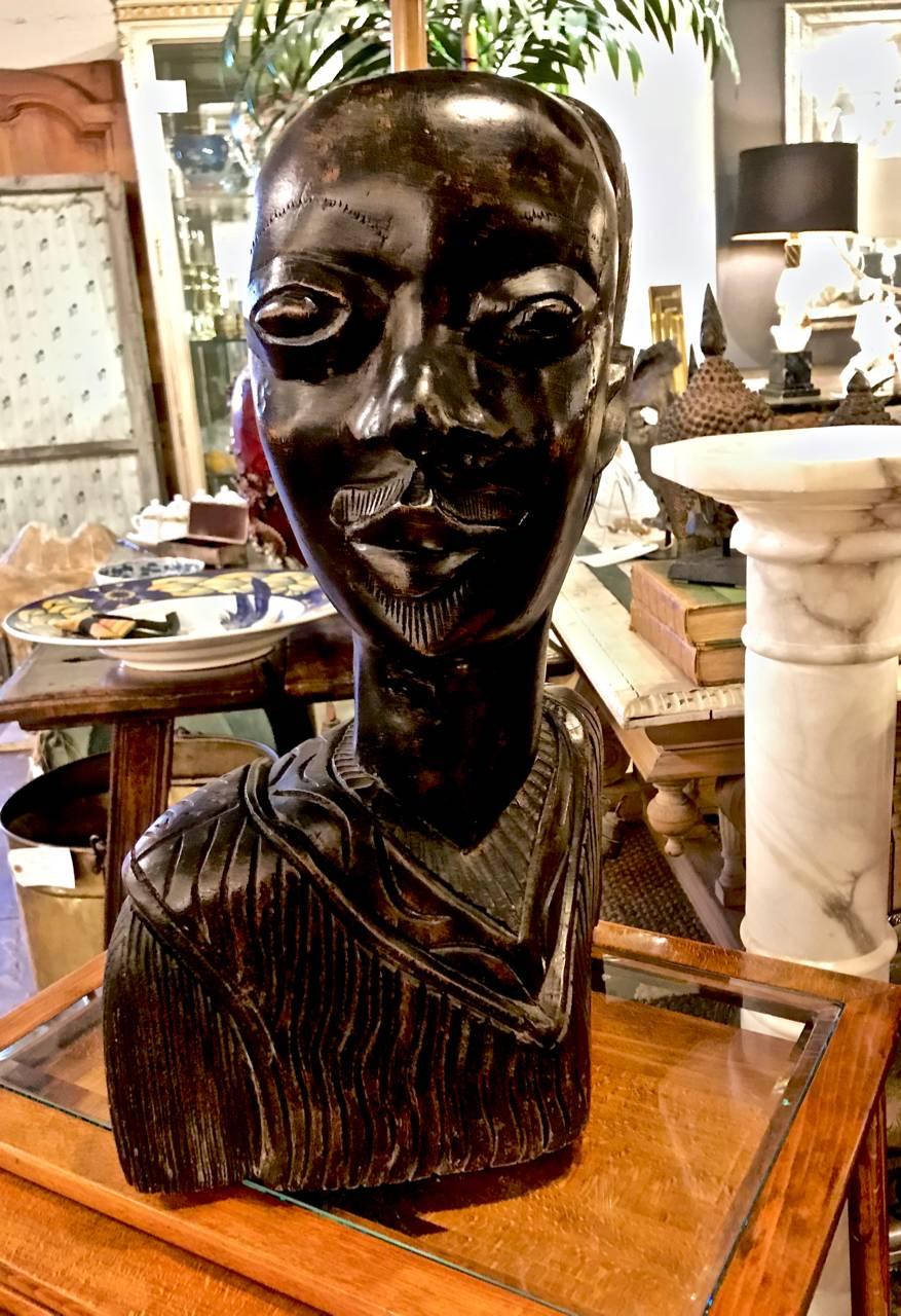Large Carved Bust of African Man In Good Condition For Sale In Pasadena, CA