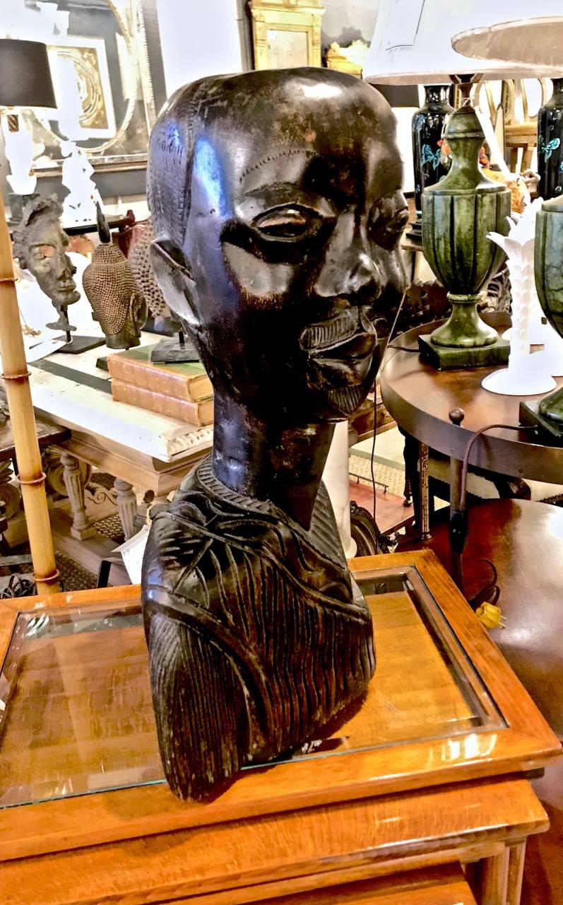 Folk Art Large Carved Bust of African Man For Sale