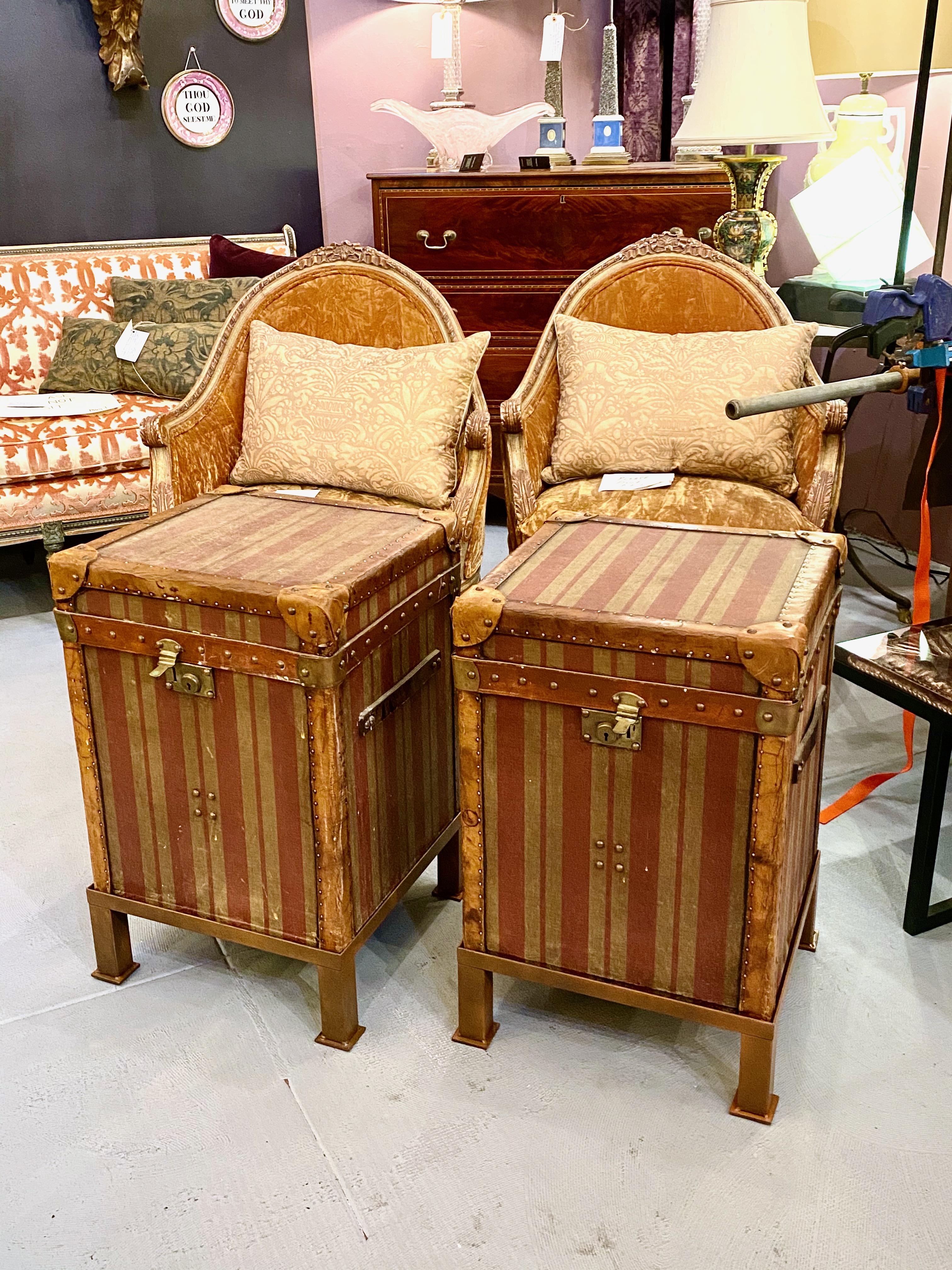 It is a highly unusual to find a pair of matched of early 20th century, French canvas and leather Hat Trunks. The wide-striped canvas combined with the patinated horse tack toned leather compares to Louis Vuitton trunks of the same time period. The